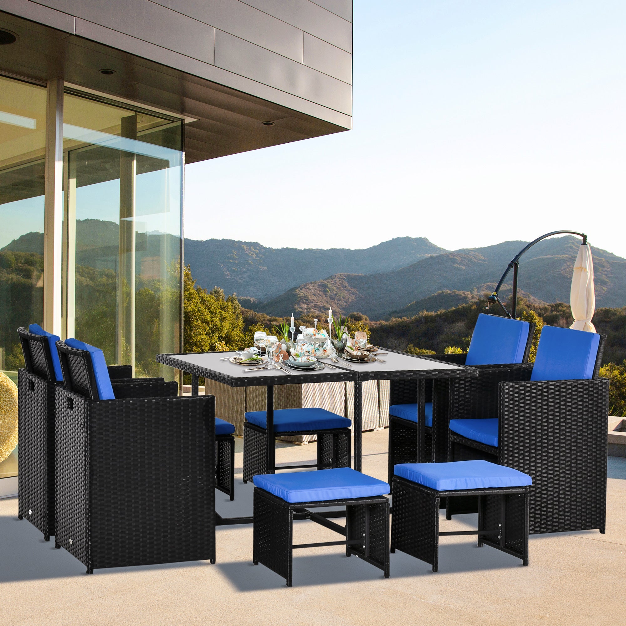 Outsunny 9 Pieces Wicker Patio Dining Set Outdoor Furniture Set with Removable Cushions, Glass Top Dining Table, Ottomans, PE Rattan Conversation Set for Garden Poolside, Blue