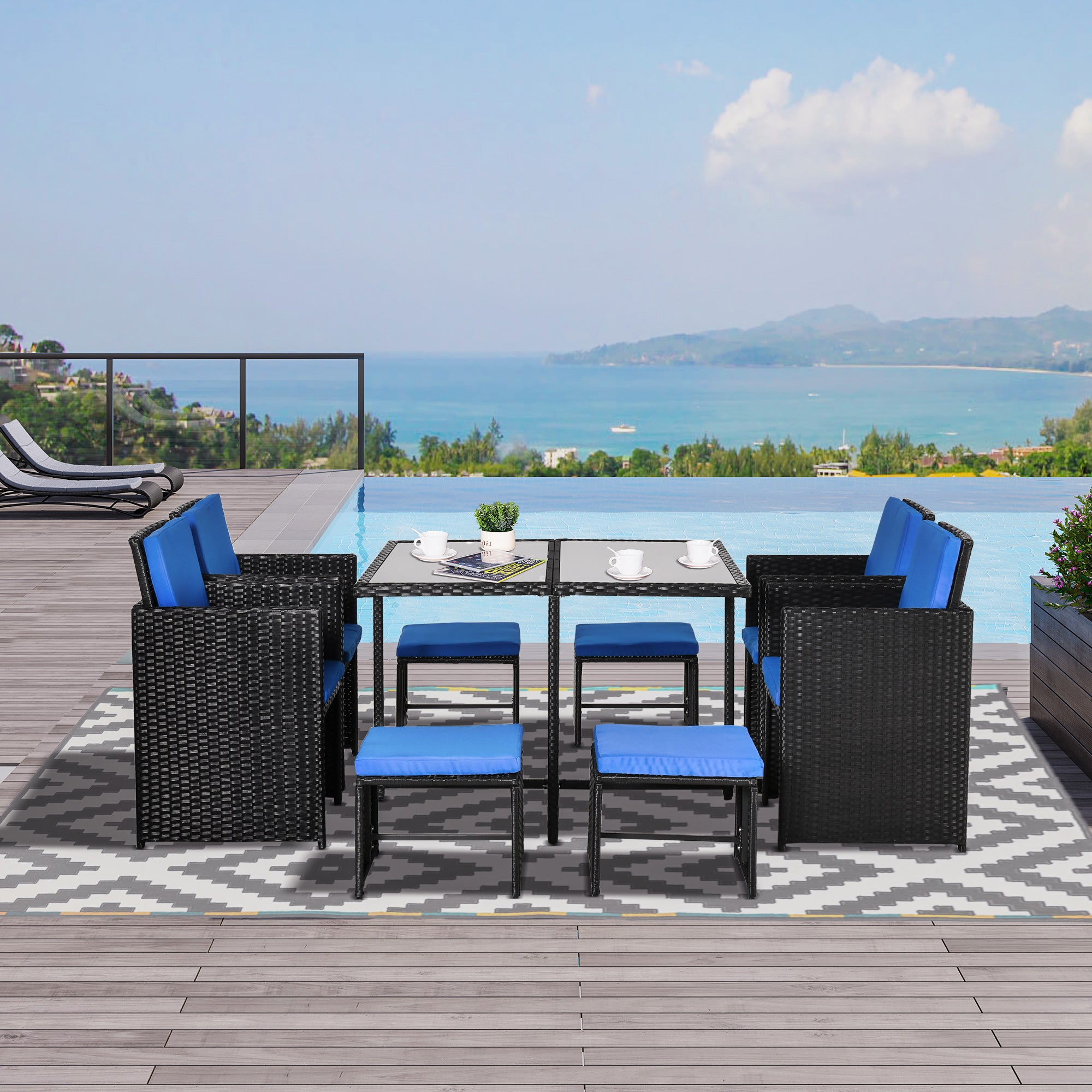 Outsunny 9 Pieces Wicker Patio Dining Set Outdoor Furniture Set with Removable Cushions, Glass Top Dining Table, Ottomans, PE Rattan Conversation Set for Garden Poolside, Blue