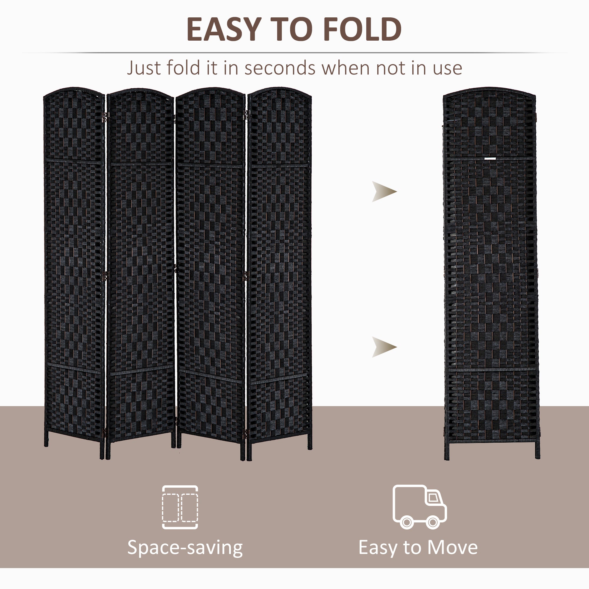 HOMCOM Room Divider, 4 Panel Folding Privacy Screen, 6FT Tall Portable Wicker Weave Partition Wall Divider for Bedroom, Home Office, Black