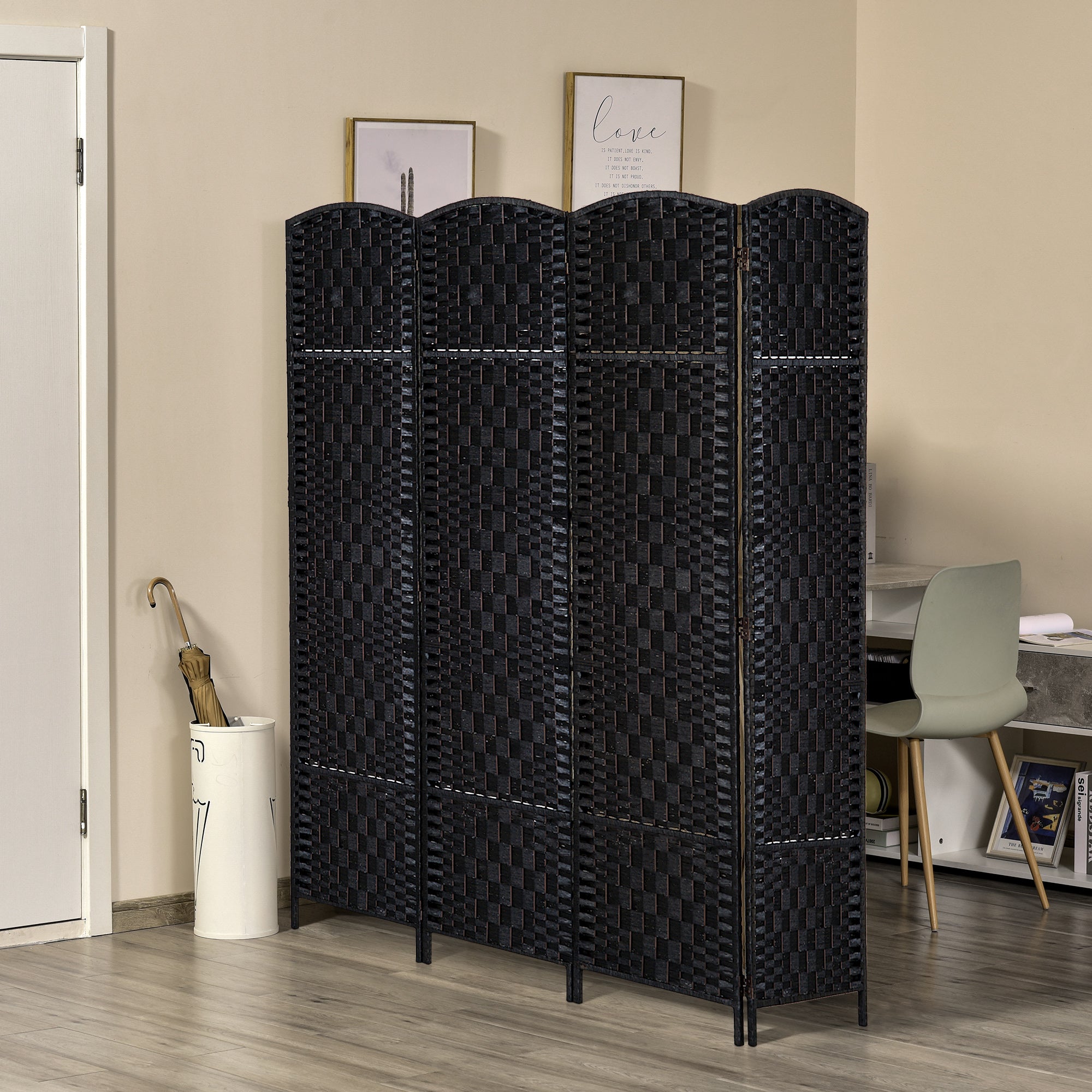 HOMCOM Room Divider, 4 Panel Folding Privacy Screen, 6FT Tall Portable Wicker Weave Partition Wall Divider for Bedroom, Home Office, Black
