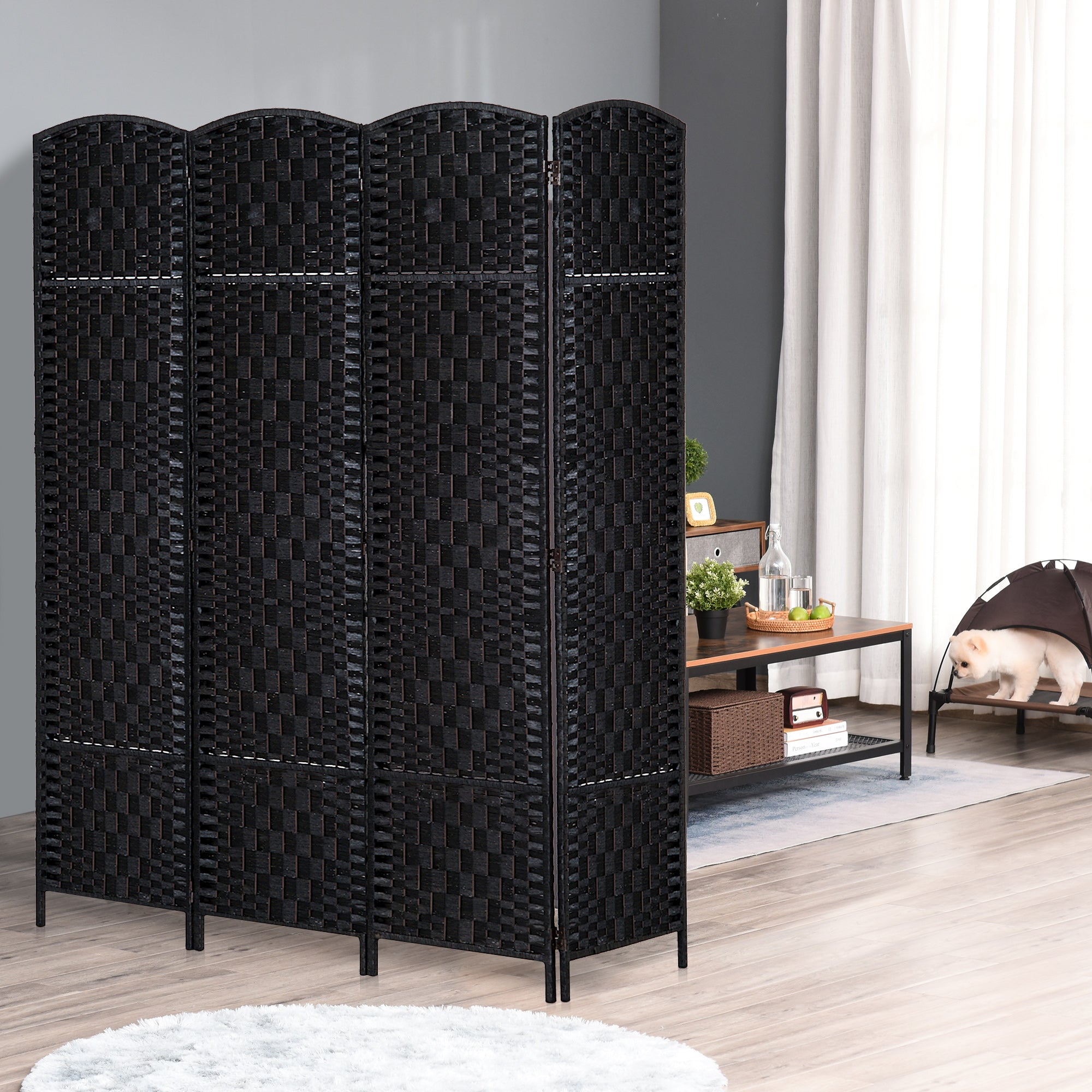 HOMCOM Room Divider, 4 Panel Folding Privacy Screen, 6FT Tall Portable Wicker Weave Partition Wall Divider for Bedroom, Home Office, Black