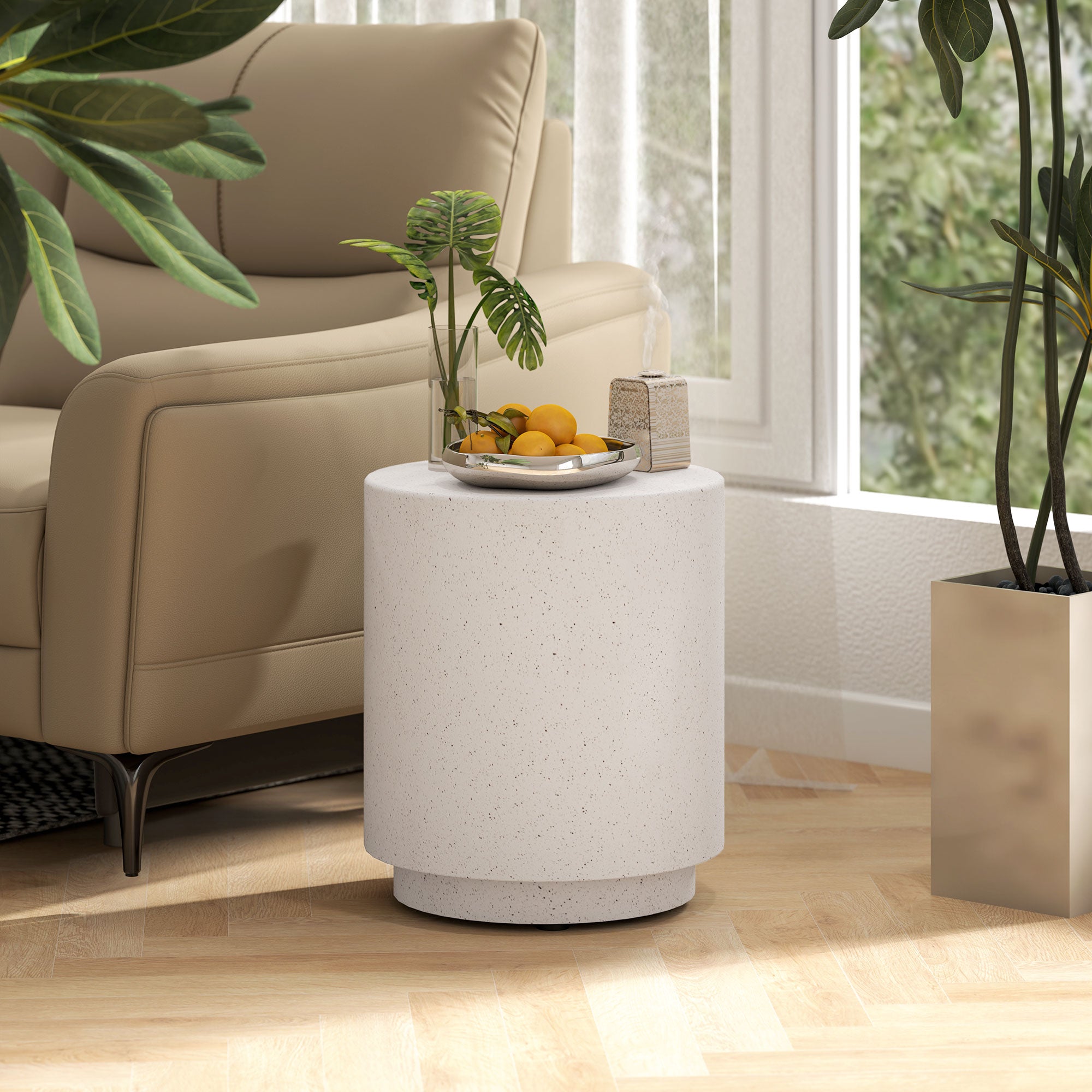 HOMCOM Round Side Table, Lightweight Accent Table with Terrazzo Finish, 17" End Table with 4 Adjustable Feet for Indoor, Outdoor, Cream White