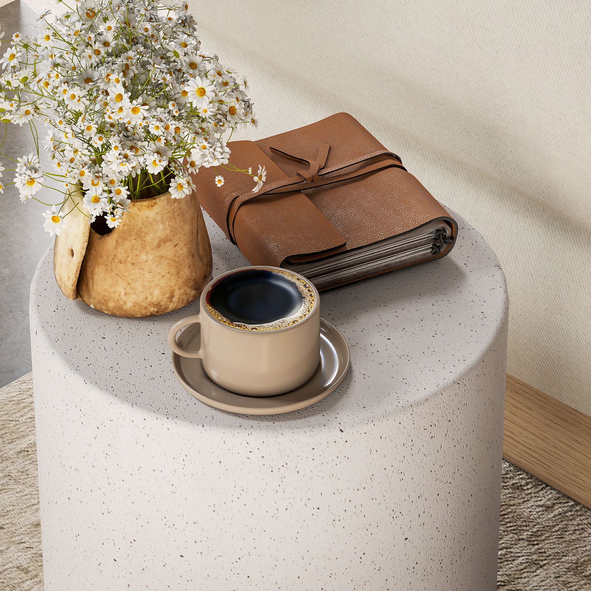 HOMCOM Round Side Table, Lightweight Accent Table with Terrazzo Finish, 17" End Table with 4 Adjustable Feet for Indoor, Outdoor, Cream White