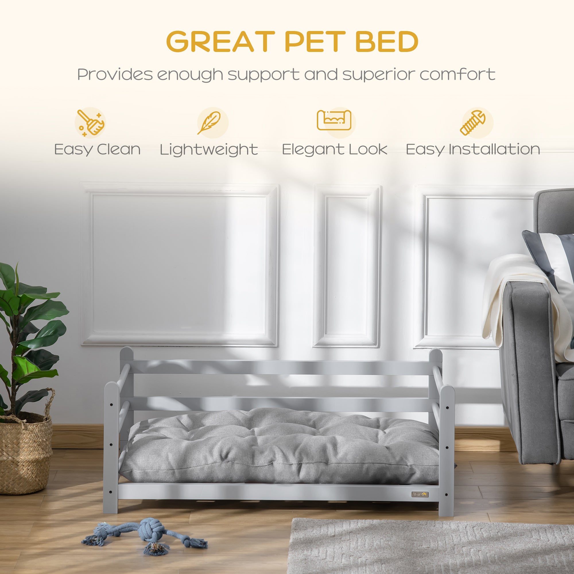 PawHut 95cm Ped Bed Raised Dog Bed Portable Sofa for Medium Sized Dogs w/ Washable Cushion, Grey