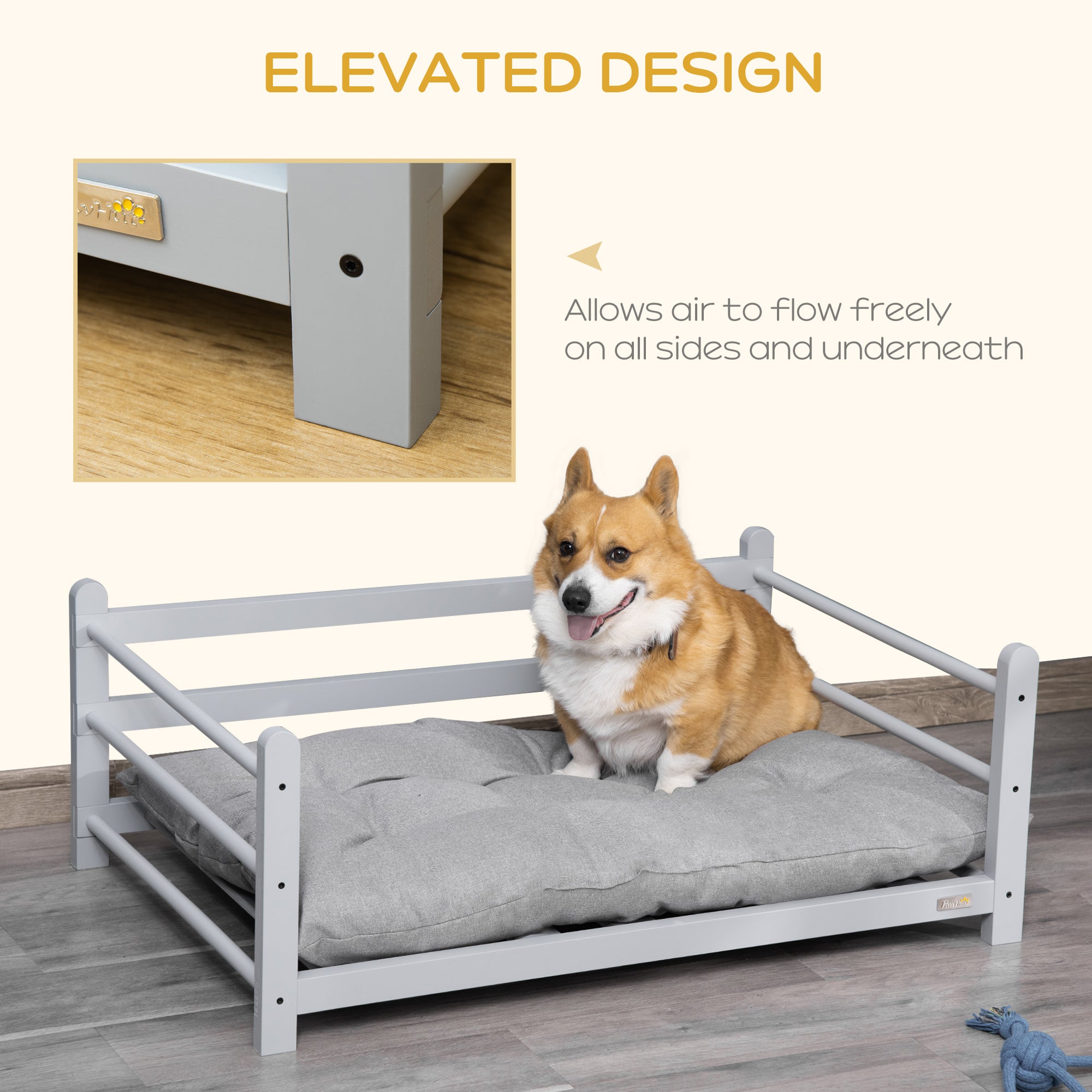 PawHut 95cm Ped Bed Raised Dog Bed Portable Sofa for Medium Sized Dogs w/ Washable Cushion, Grey