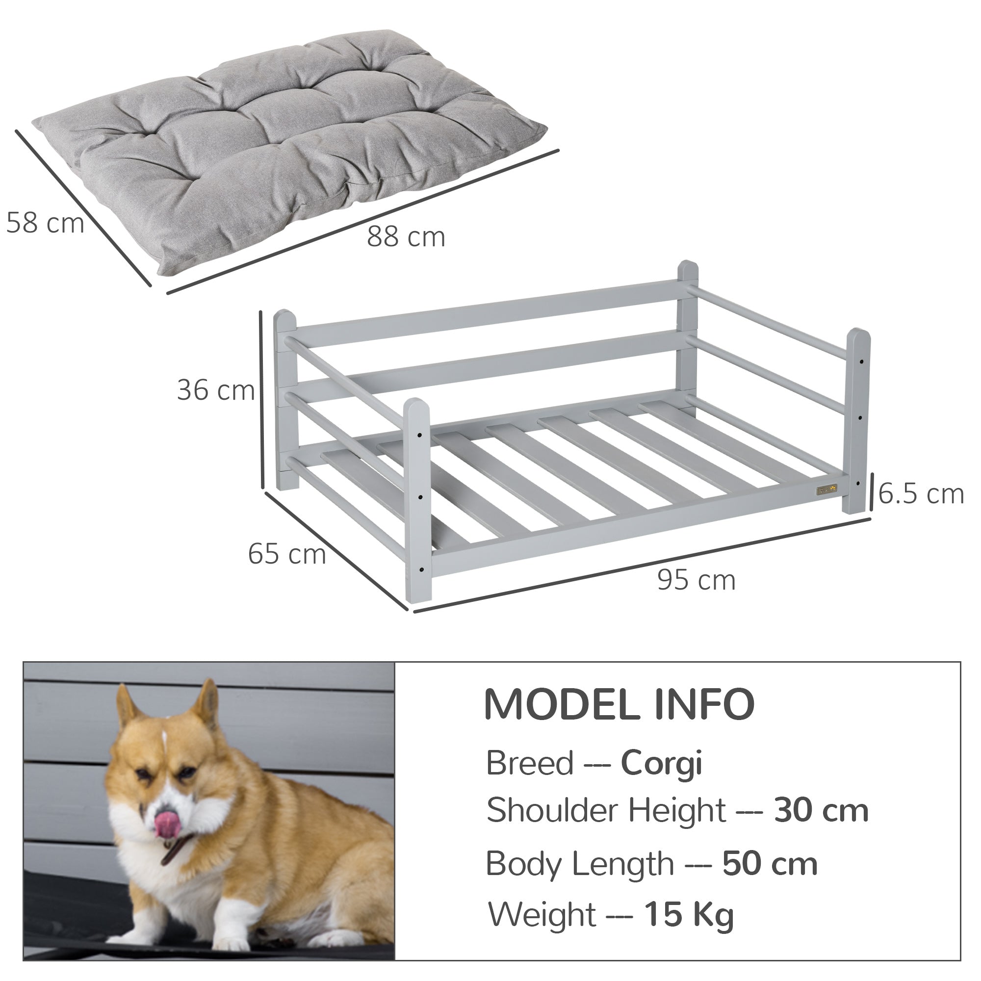 PawHut 95cm Ped Bed Raised Dog Bed Portable Sofa for Medium Sized Dogs w/ Washable Cushion, Grey