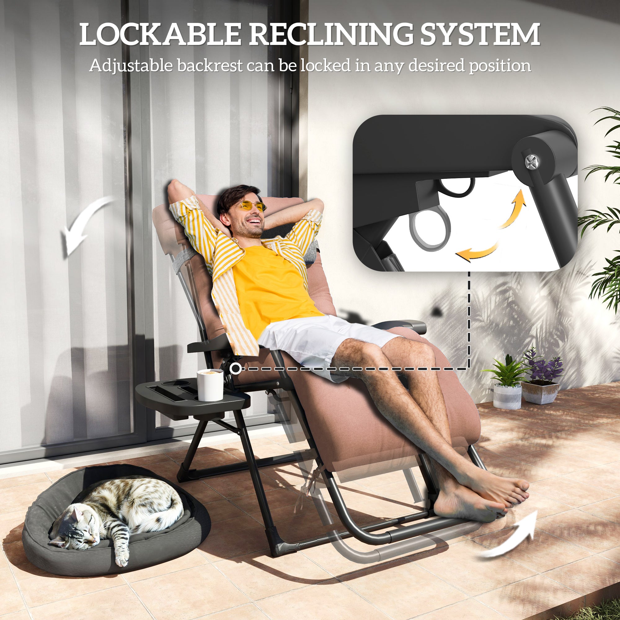 Outsunny Padded Zero Gravity Chair, Folding Recliner Chair, Patio Lounger with Cup Holder, Headrest, Adjustable Backrest, Removable Cushion for Outdoor, Patio, Deck, Khaki