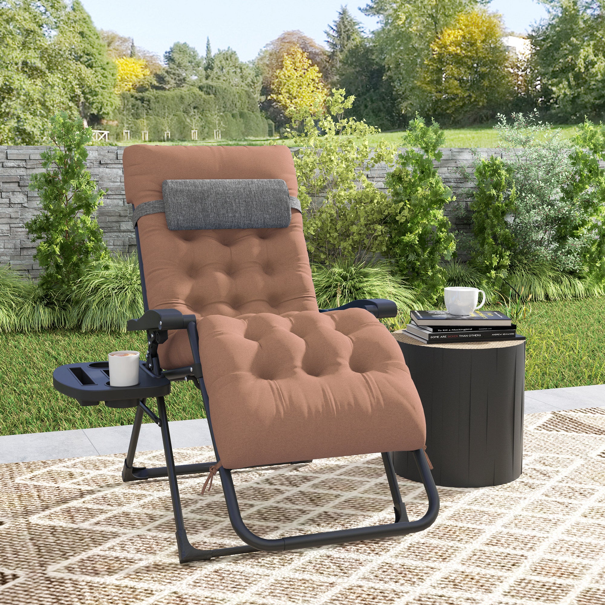 Outsunny Padded Zero Gravity Chair, Folding Recliner Chair, Patio Lounger with Cup Holder, Headrest, Adjustable Backrest, Removable Cushion for Outdoor, Patio, Deck, Khaki