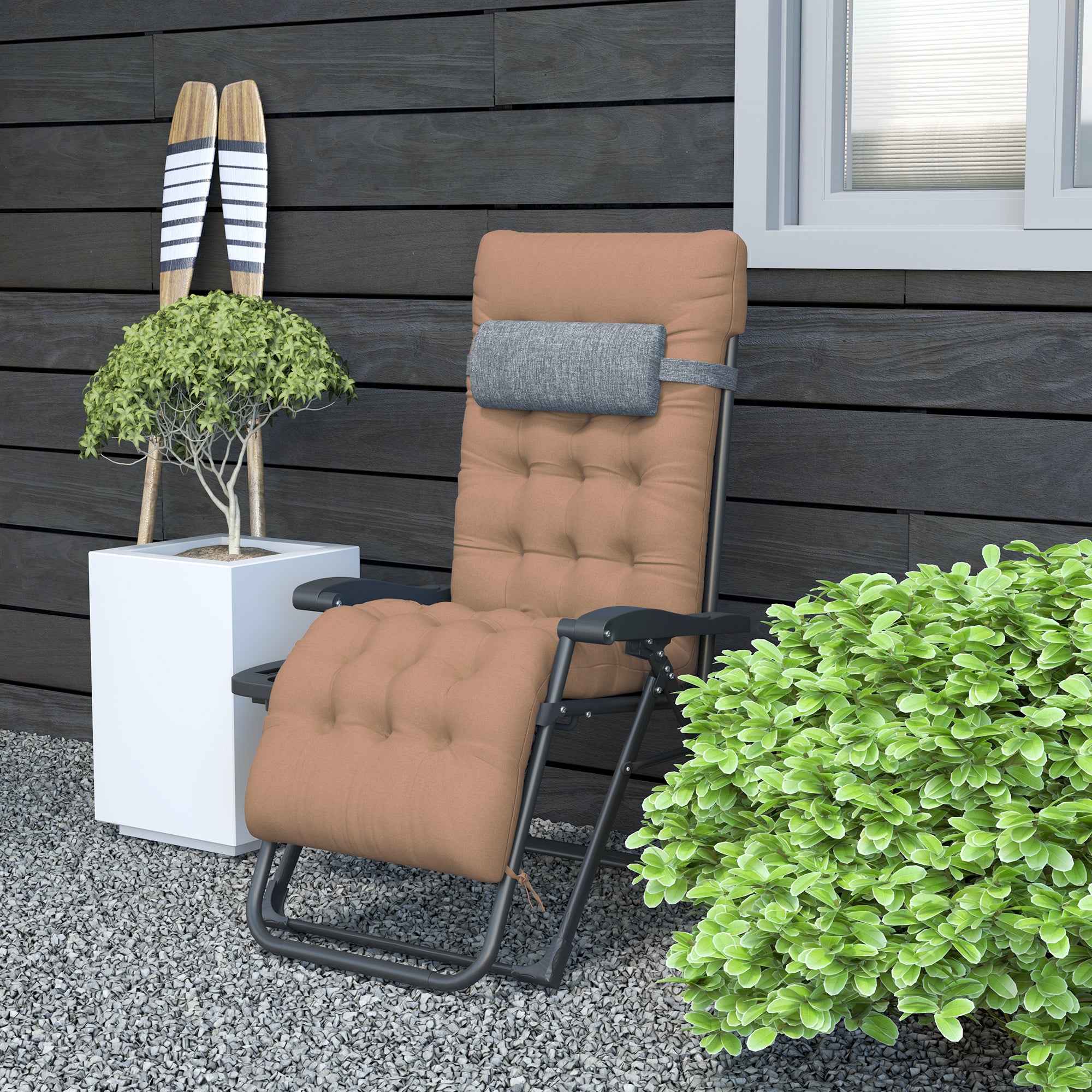 Outsunny Padded Zero Gravity Chair, Folding Recliner Chair, Patio Lounger with Cup Holder, Headrest, Adjustable Backrest, Removable Cushion for Outdoor, Patio, Deck, Khaki