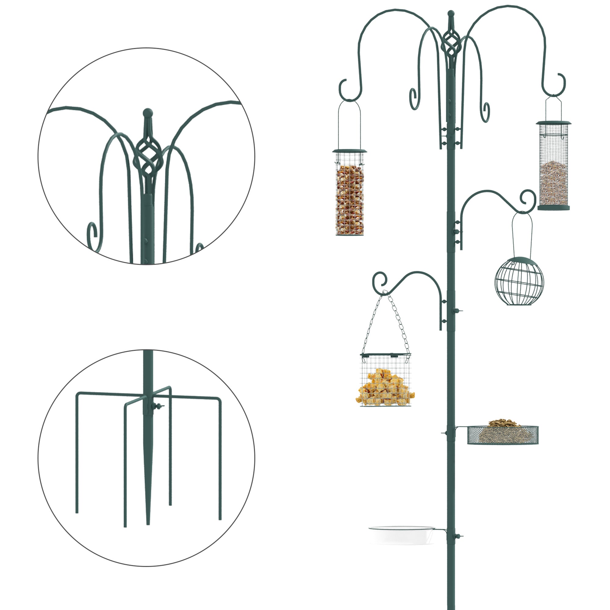 PawHut 6 Hook Feeding Station, Steel Multi-Feeder Kit Stand with 4 Bird Feeders, Mesh Tray, Water Dish and 4-Prong Base, Green