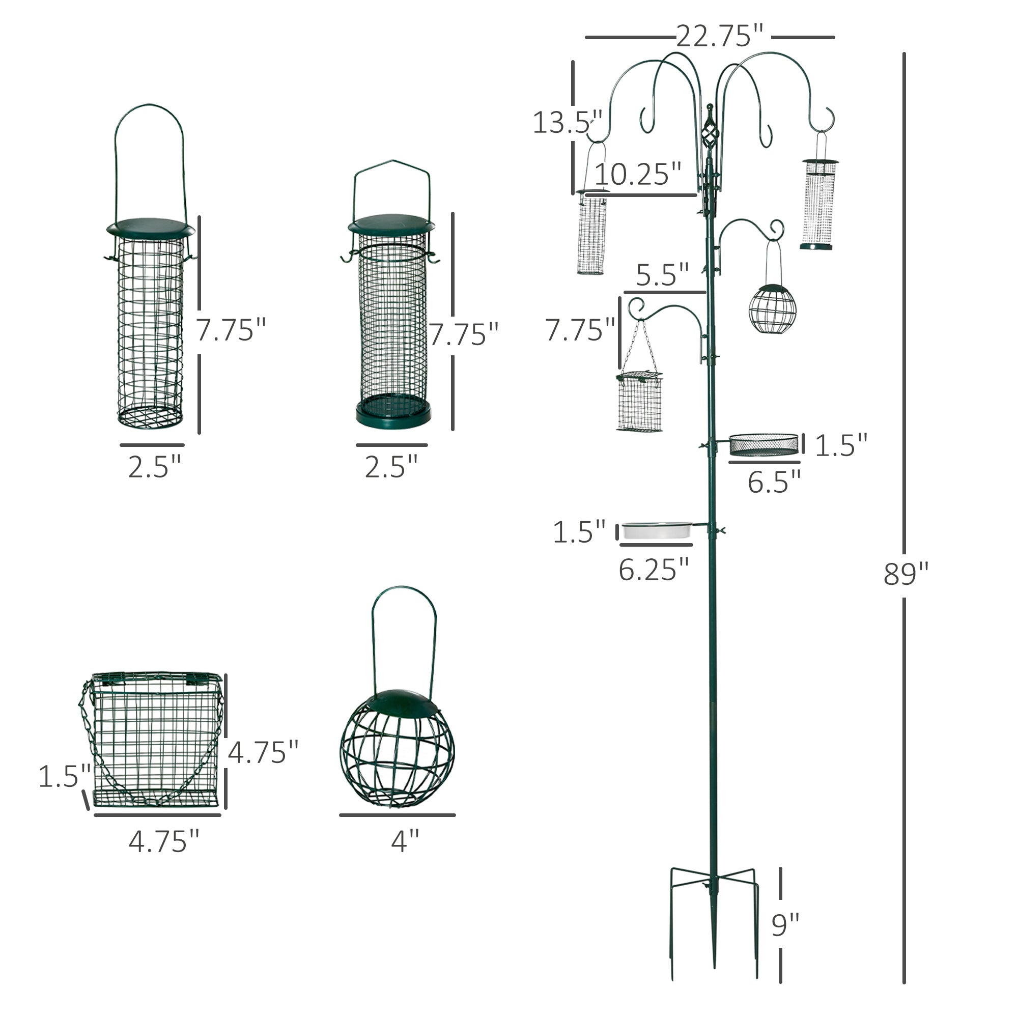 PawHut 6 Hook Feeding Station, Steel Multi-Feeder Kit Stand with 4 Bird Feeders, Mesh Tray, Water Dish and 4-Prong Base, Green