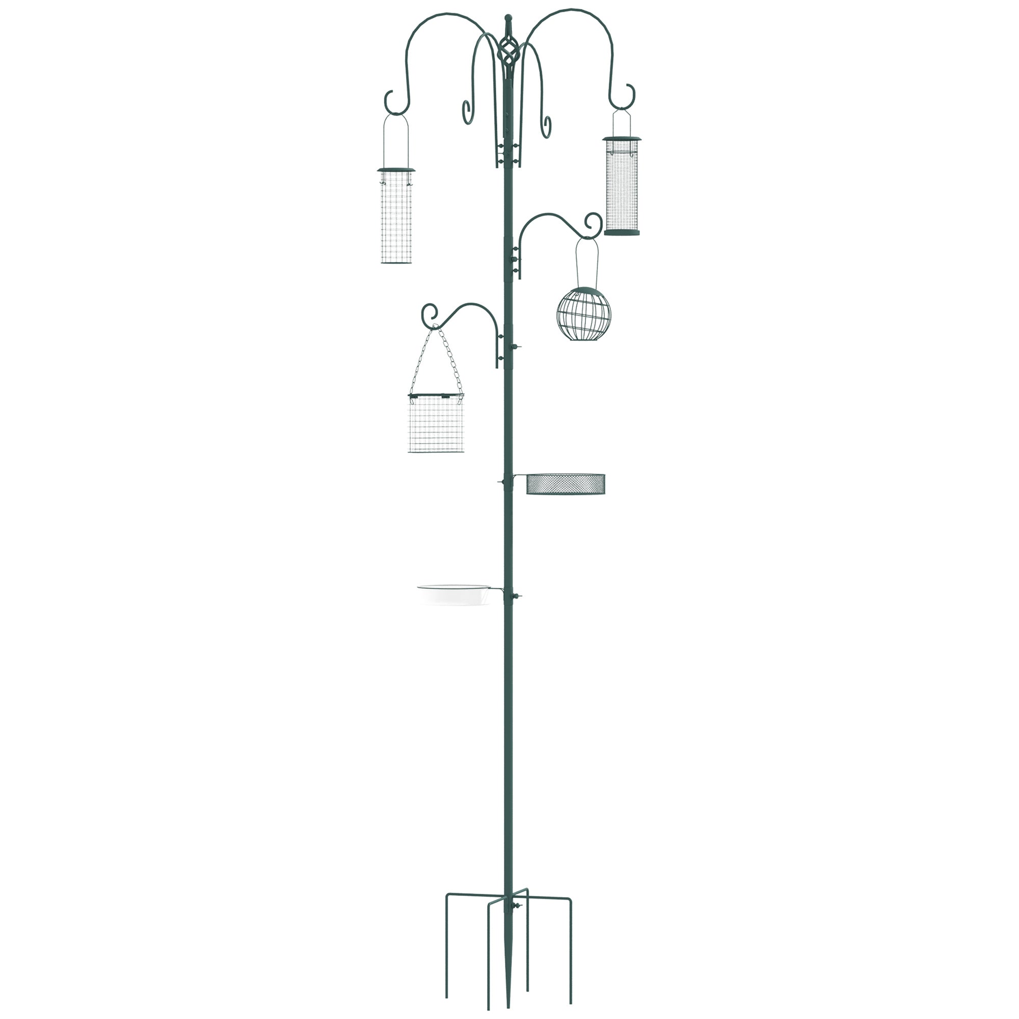 PawHut 6 Hook Feeding Station, Steel Multi-Feeder Kit Stand with 4 Bird Feeders, Mesh Tray, Water Dish and 4-Prong Base, Green