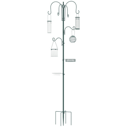 PawHut 6 Hook Feeding Station, Steel Multi-Feeder Kit Stand with 4 Bird Feeders, Mesh Tray, Water Dish and 4-Prong Base, Green