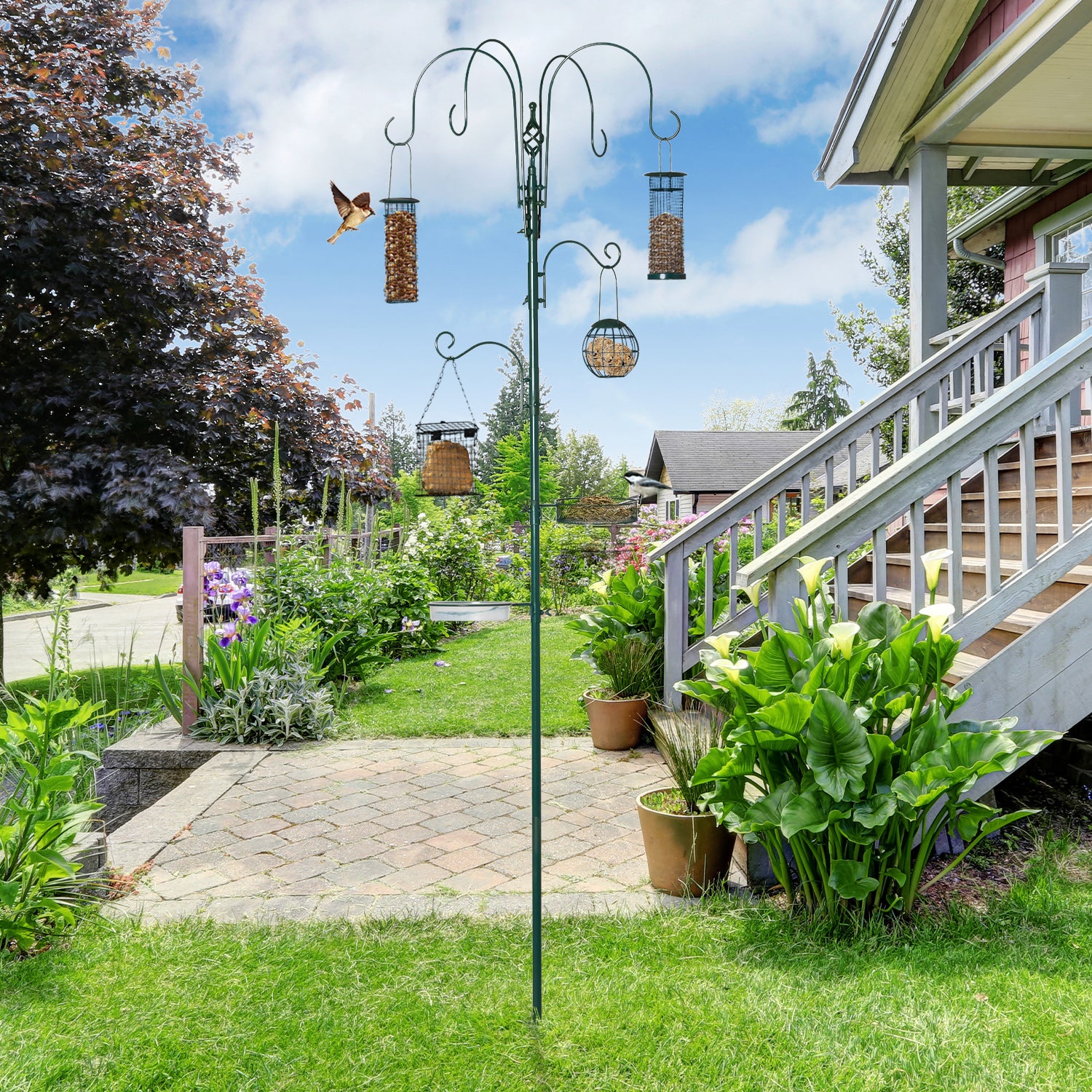 PawHut 6 Hook Feeding Station, Steel Multi-Feeder Kit Stand with 4 Bird Feeders, Mesh Tray, Water Dish and 4-Prong Base, Green