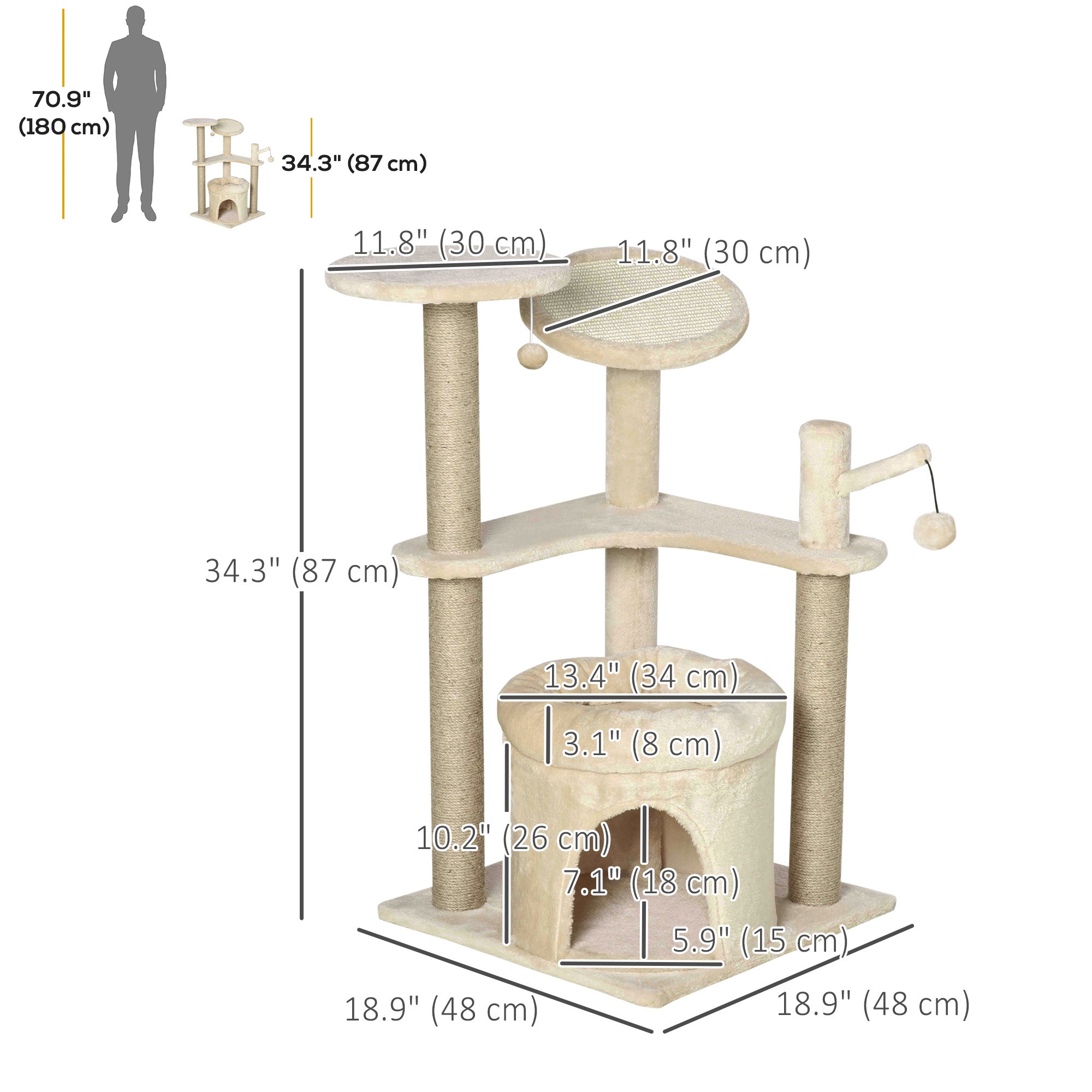 PawHut Cat Tree Tower Kitten Multi-Level House with Condo Bed Scratching Post Pad Perch Ball Toy 19x19x34.25 Inches, Beige