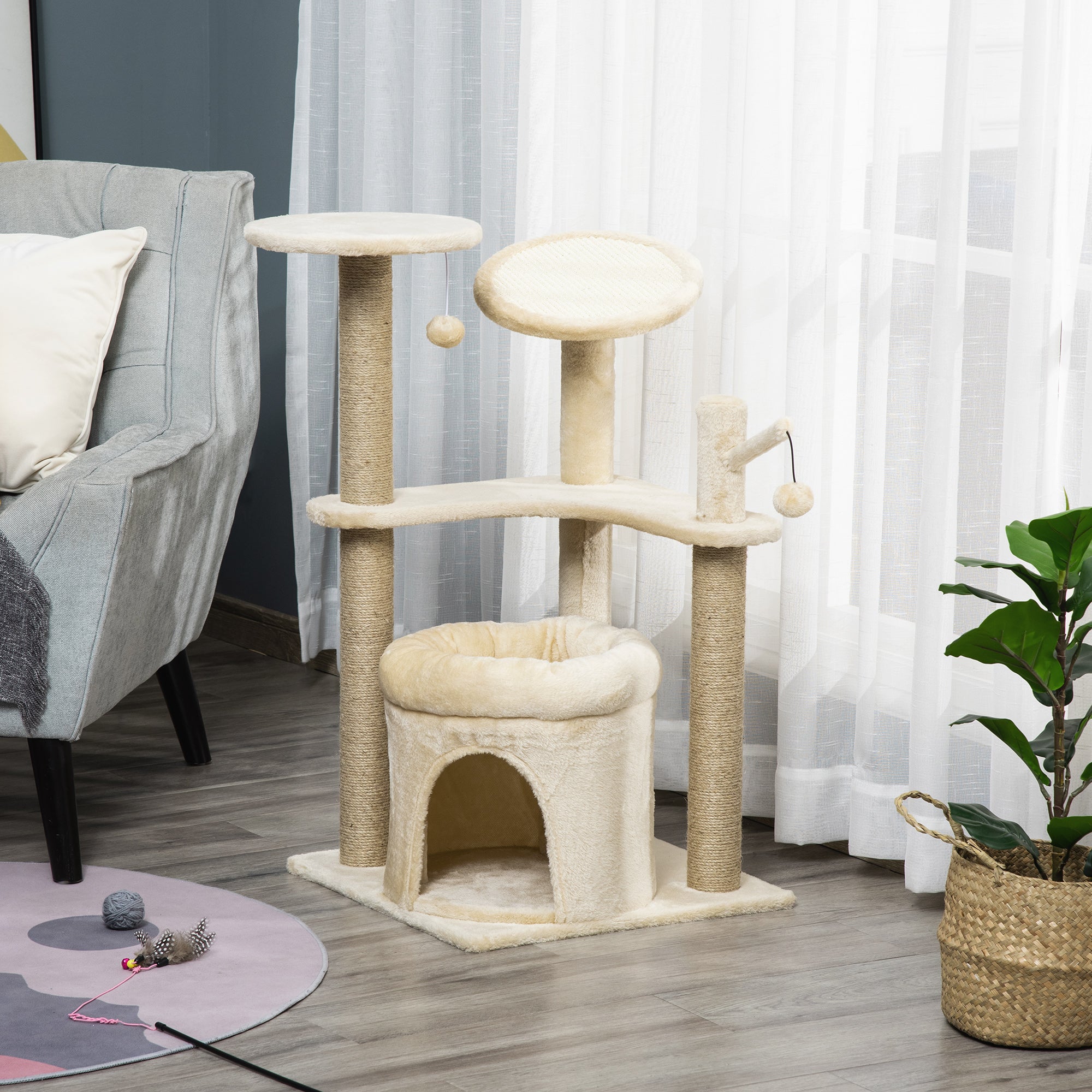 PawHut Cat Tree Tower Kitten Multi-Level House with Condo Bed Scratching Post Pad Perch Ball Toy 19x19x34.25 Inches, Beige
