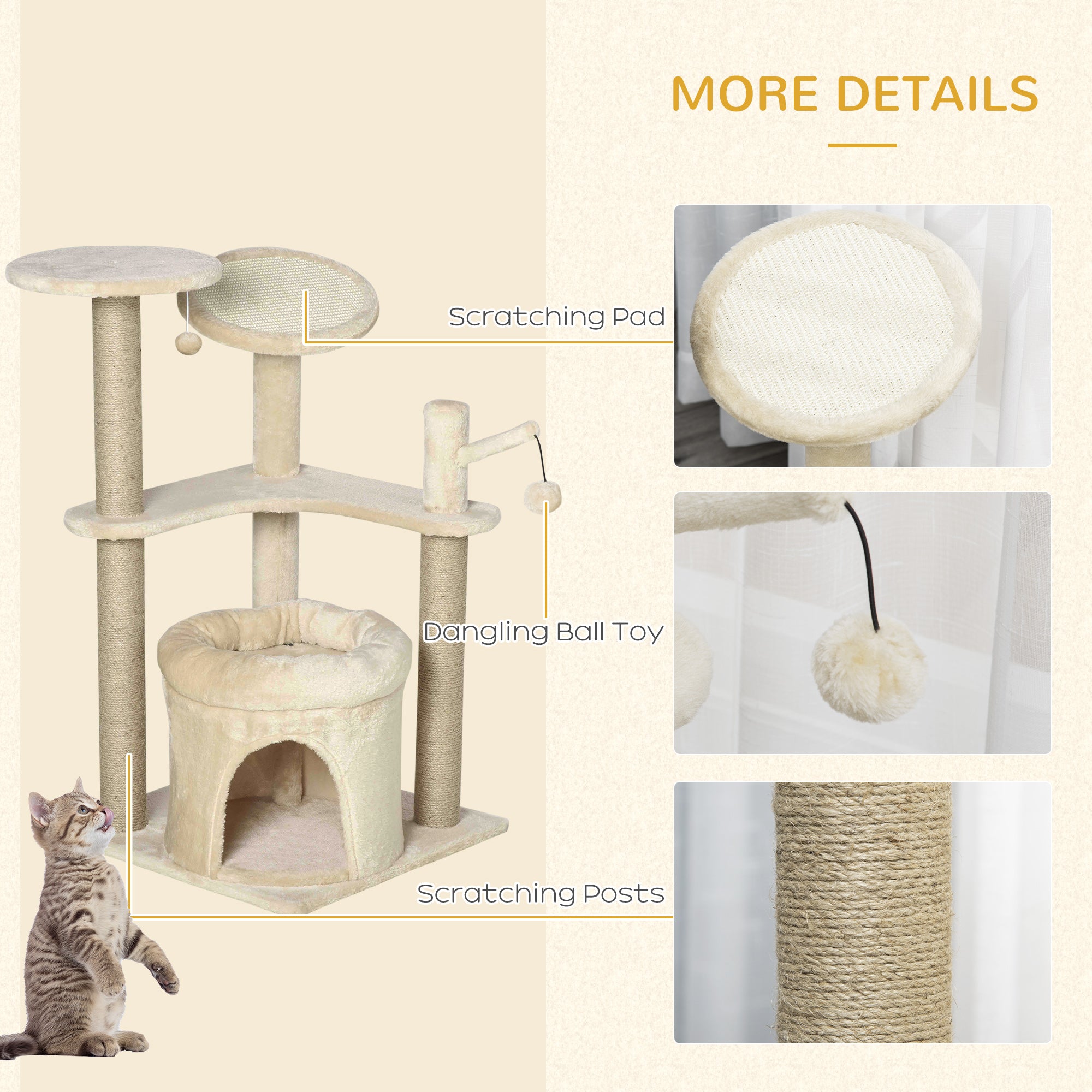 PawHut Cat Tree Tower Kitten Multi-Level House with Condo Bed Scratching Post Pad Perch Ball Toy 19x19x34.25 Inches, Beige