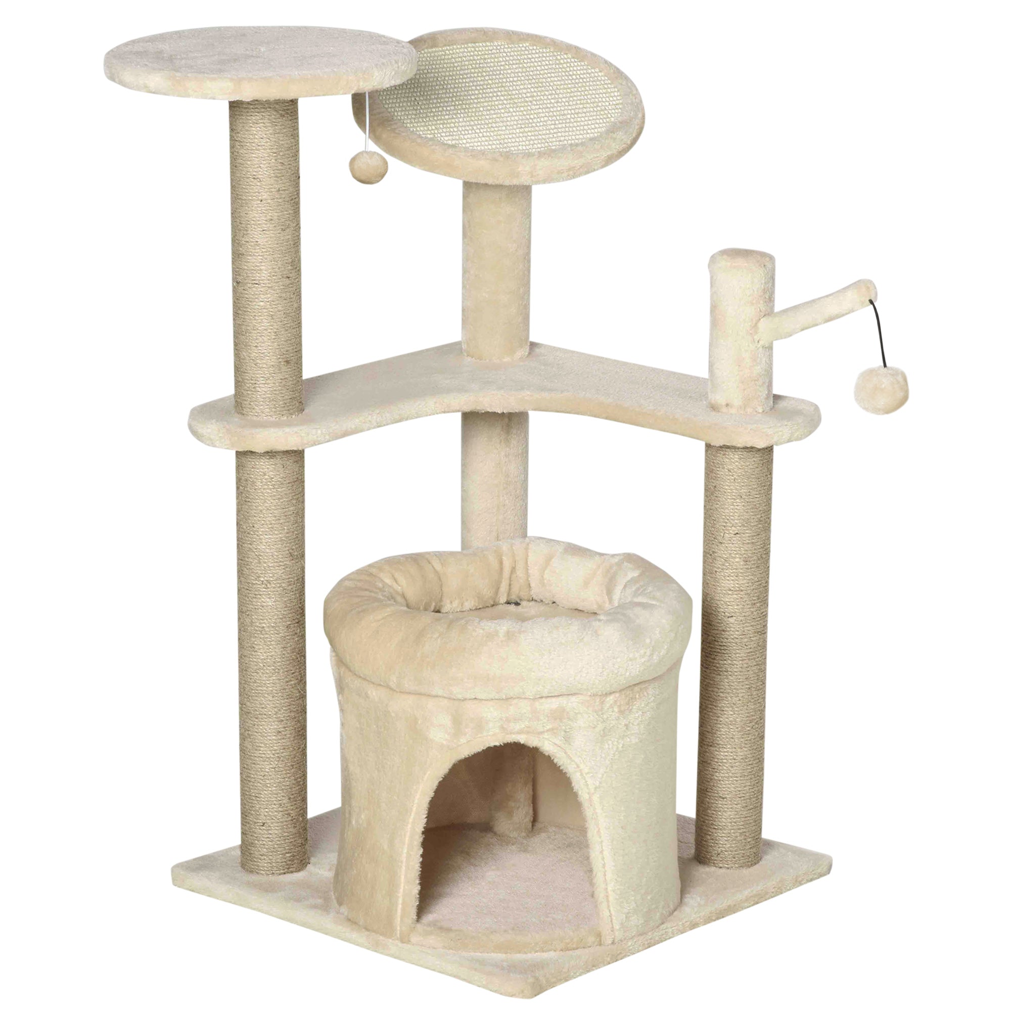 PawHut Cat Tree Tower Kitten Multi-Level House with Condo Bed Scratching Post Pad Perch Ball Toy 19x19x34.25 Inches, Beige