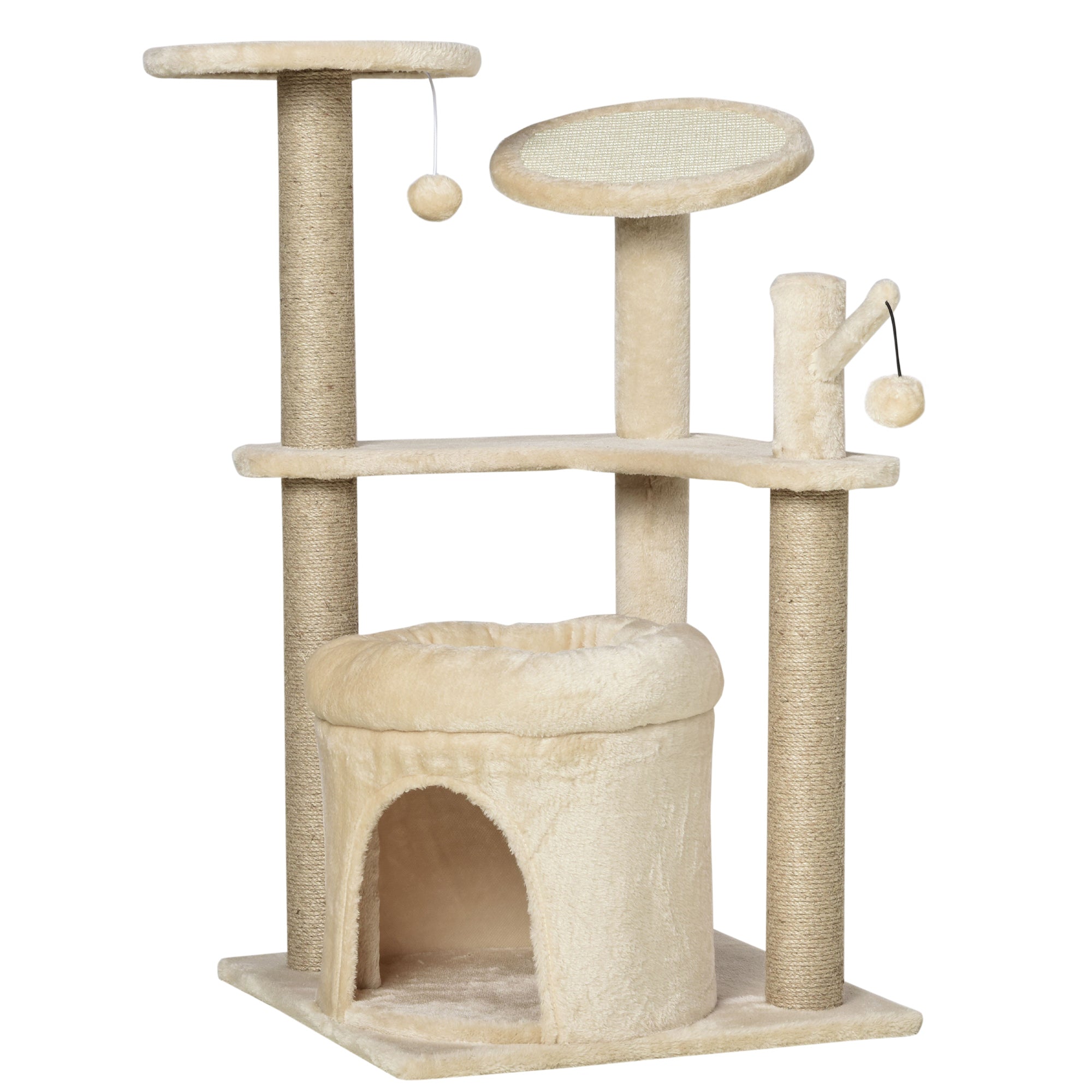 PawHut Cat Tree Tower Kitten Multi-Level House with Condo Bed Scratching Post Pad Perch Ball Toy 19x19x34.25 Inches, Beige