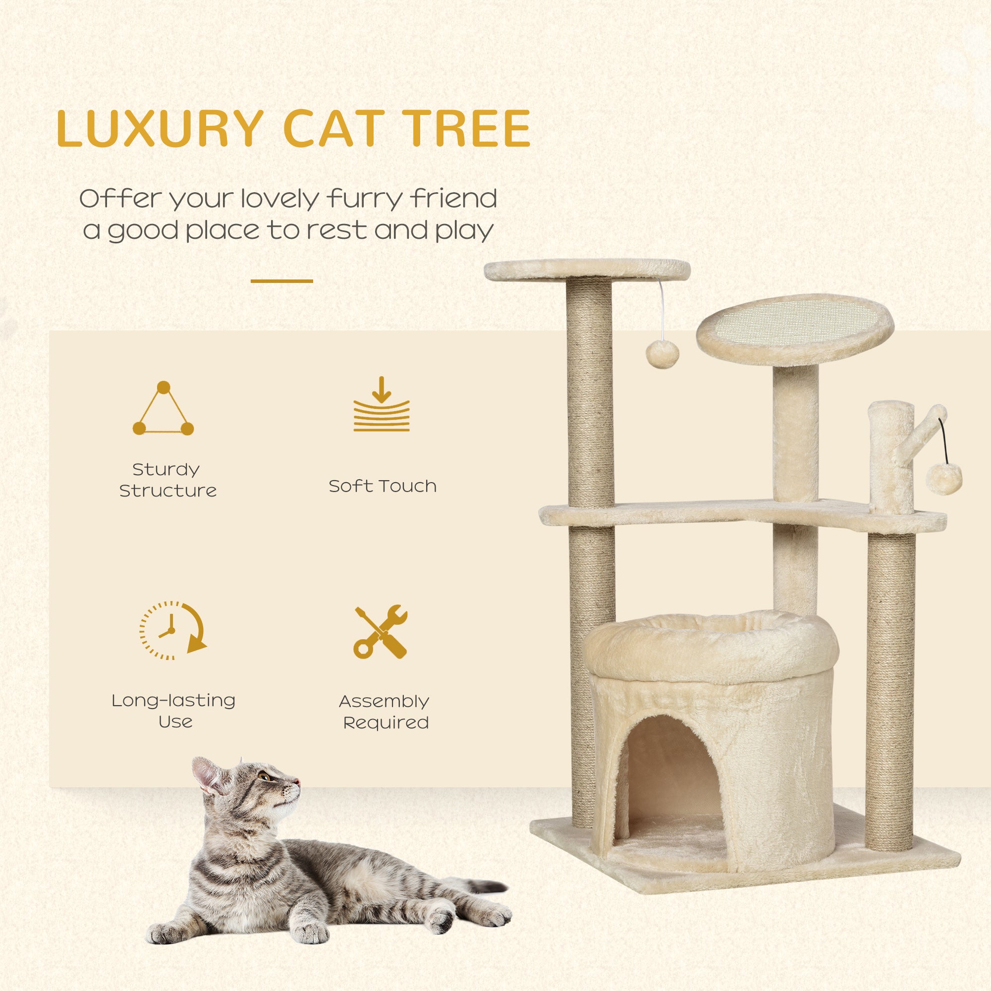PawHut Cat Tree Tower Kitten Multi-Level House with Condo Bed Scratching Post Pad Perch Ball Toy 19x19x34.25 Inches, Beige