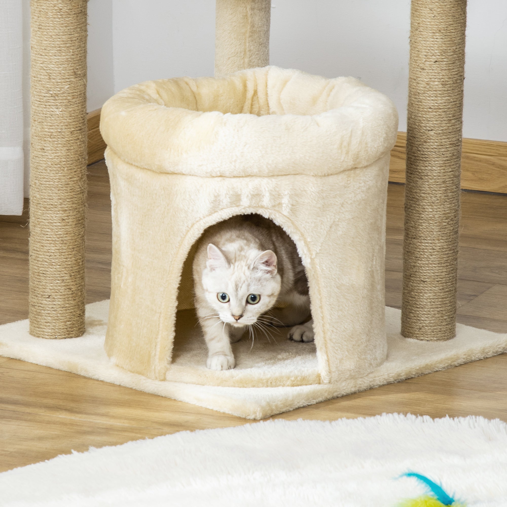 PawHut Cat Tree Tower Kitten Multi-Level House with Condo Bed Scratching Post Pad Perch Ball Toy 19x19x34.25 Inches, Beige