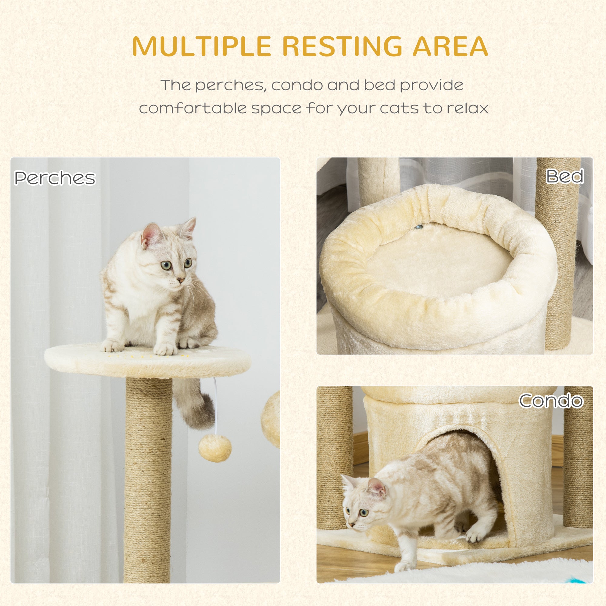 PawHut Cat Tree Tower Kitten Multi-Level House with Condo Bed Scratching Post Pad Perch Ball Toy 19x19x34.25 Inches, Beige