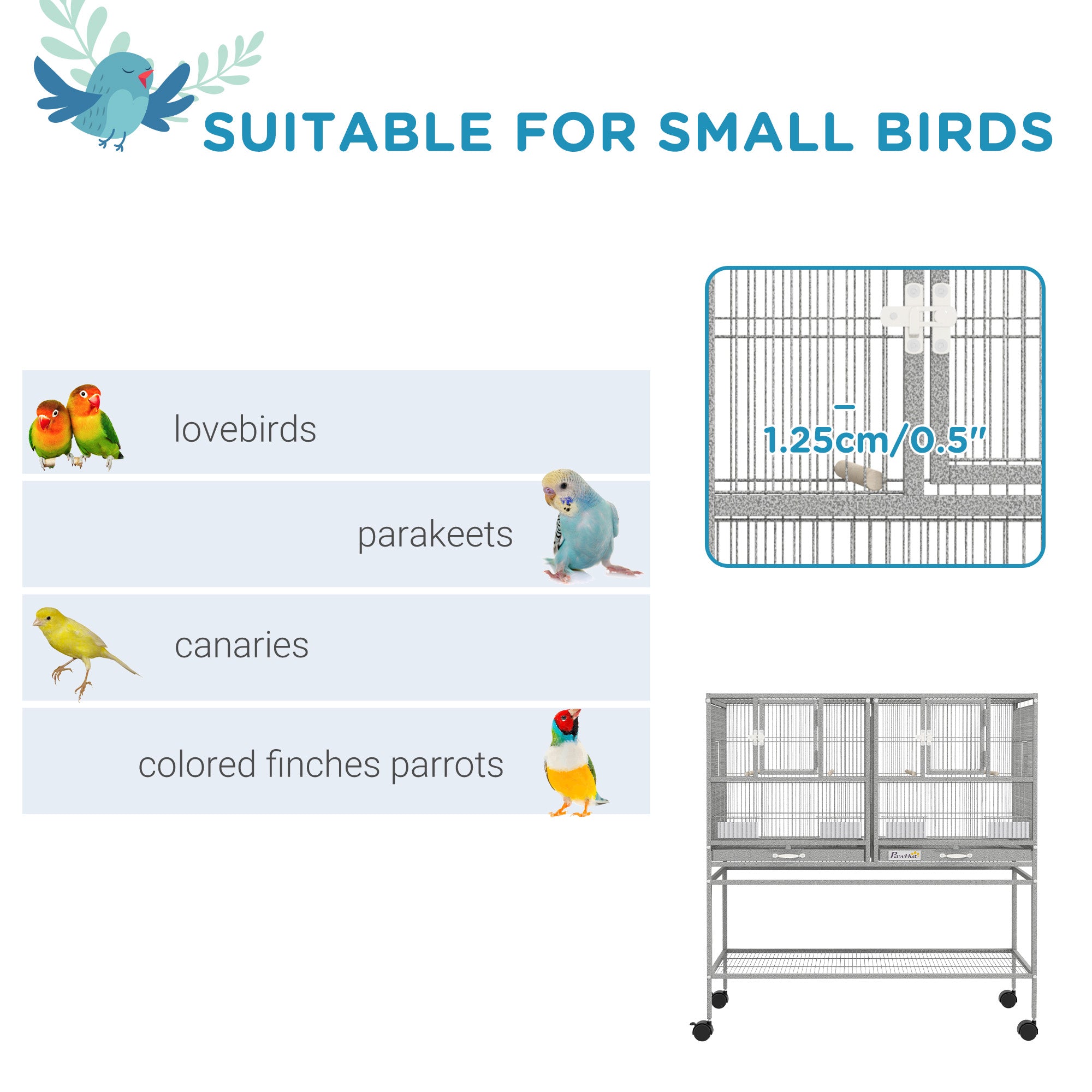 PawHut 40"H Divided Breeder Bird Cage with Rolling Stand Removable Metal Tray, Storage Shelf, Wood Perch, and Food Container, Light Grey