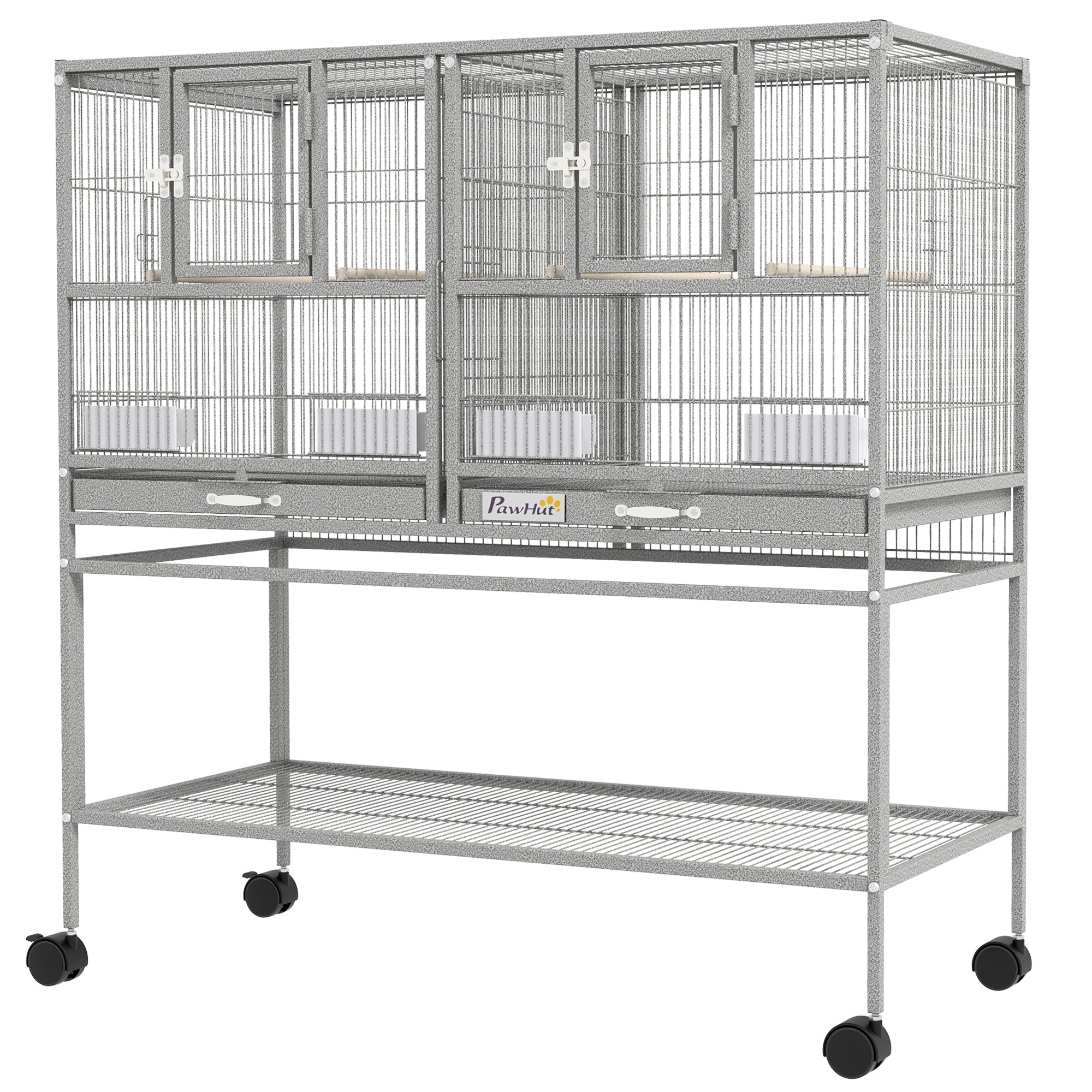 PawHut 40"H Divided Breeder Bird Cage with Rolling Stand Removable Metal Tray, Storage Shelf, Wood Perch, and Food Container, Light Grey