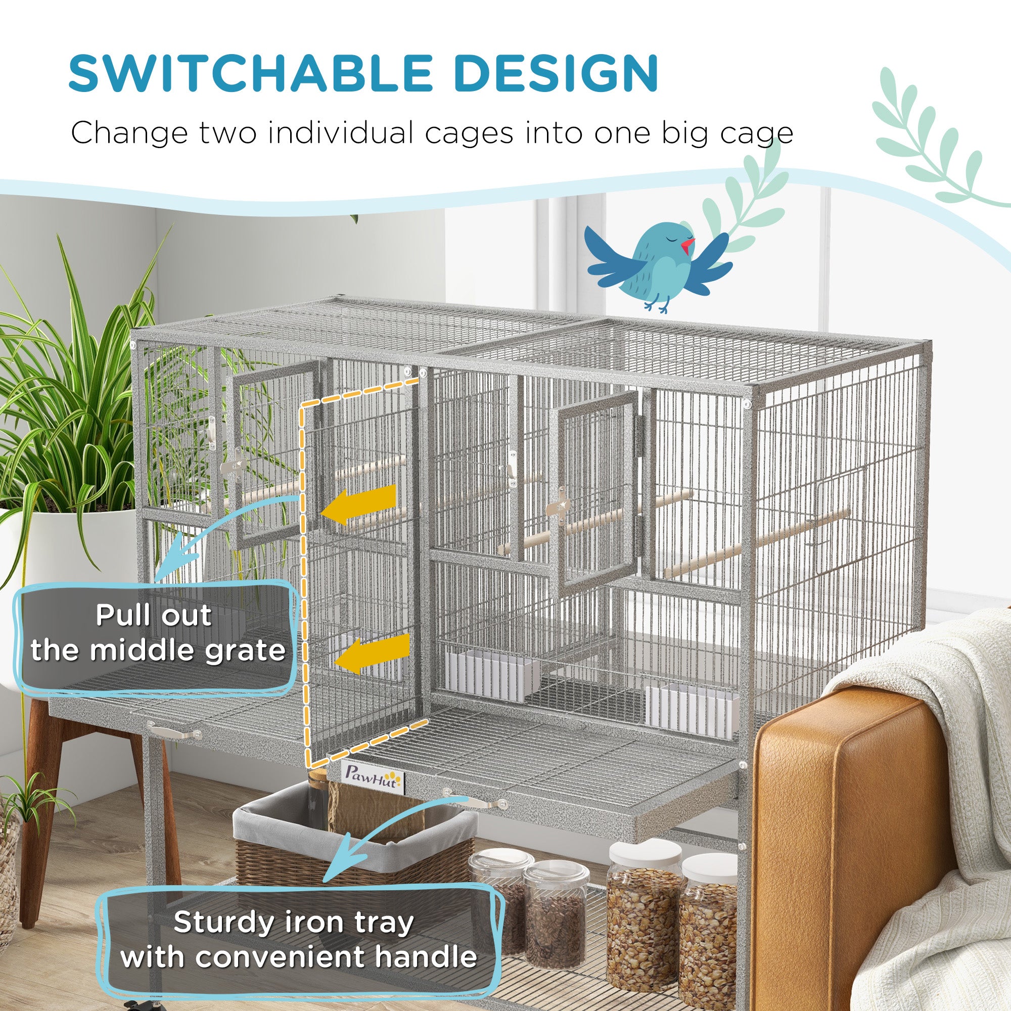 PawHut 40"H Divided Breeder Bird Cage with Rolling Stand Removable Metal Tray, Storage Shelf, Wood Perch, and Food Container, Light Grey