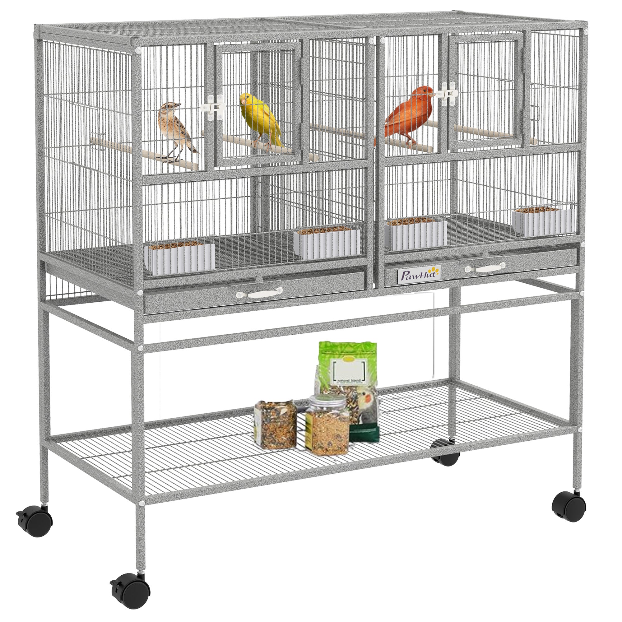 PawHut 40"H Divided Breeder Bird Cage with Rolling Stand Removable Metal Tray, Storage Shelf, Wood Perch, and Food Container, Light Grey