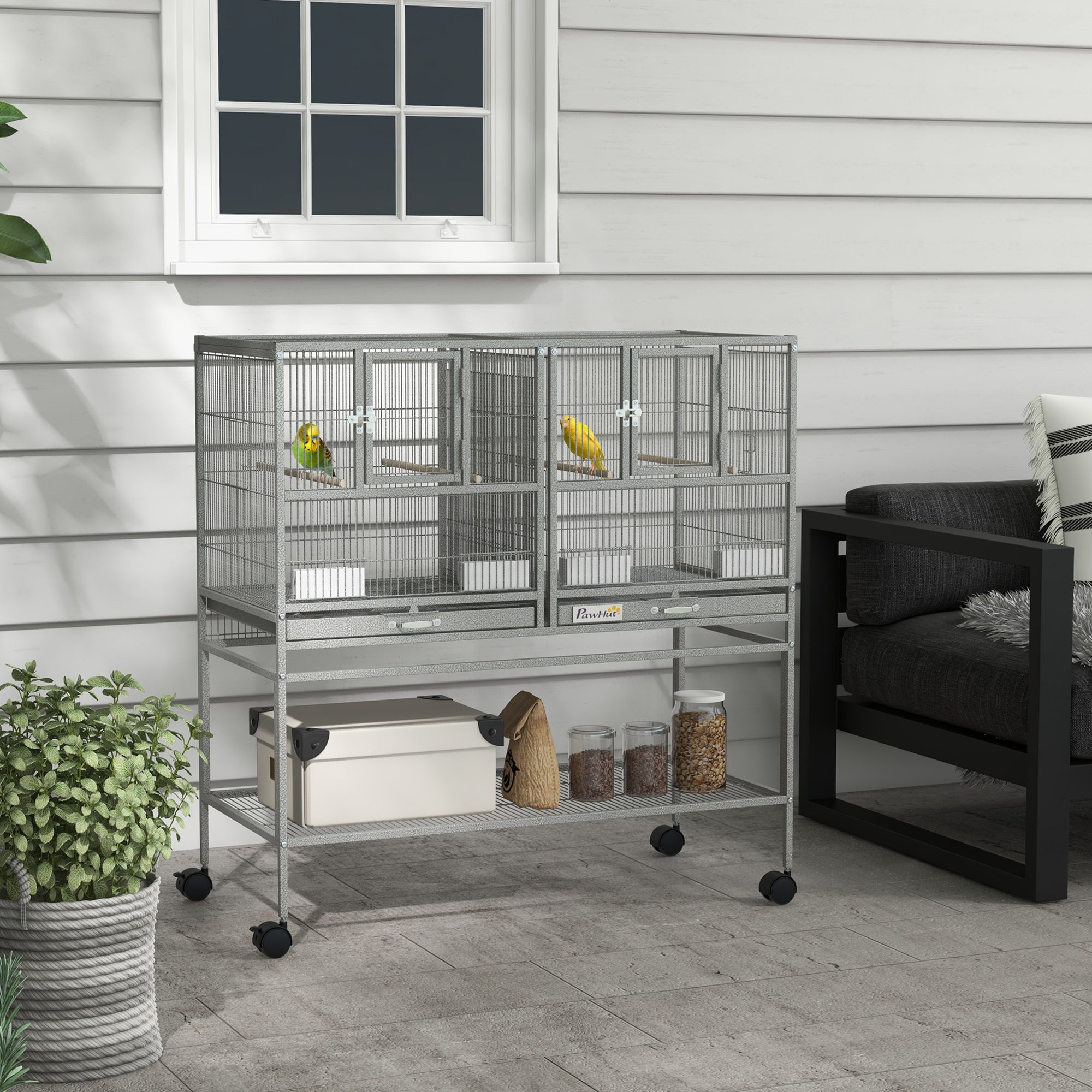 PawHut 40"H Divided Breeder Bird Cage with Rolling Stand Removable Metal Tray, Storage Shelf, Wood Perch, and Food Container, Light Grey