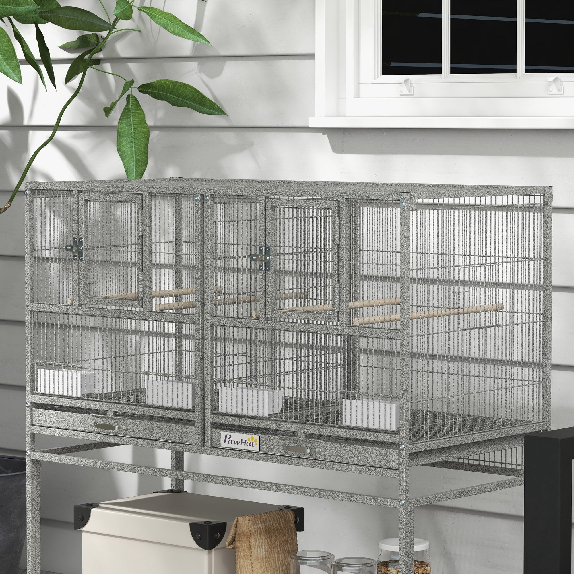 PawHut 40"H Divided Breeder Bird Cage with Rolling Stand Removable Metal Tray, Storage Shelf, Wood Perch, and Food Container, Light Grey