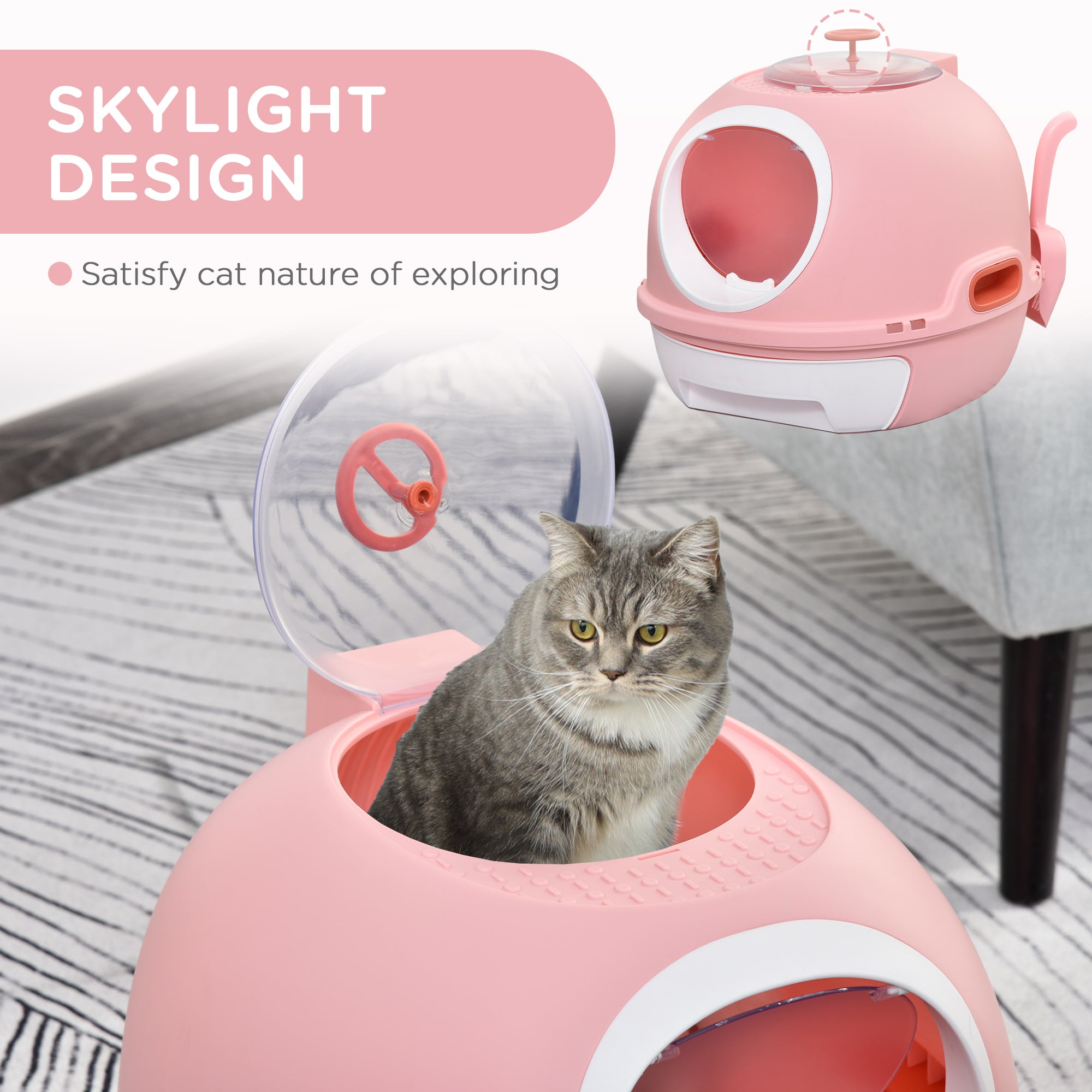 PawHut Covered Cat Litter Box, Kitty Litter Box with a Lid, Scoop Enclosed Drawer & Skylight for Cats, Easy to Clean, Pink