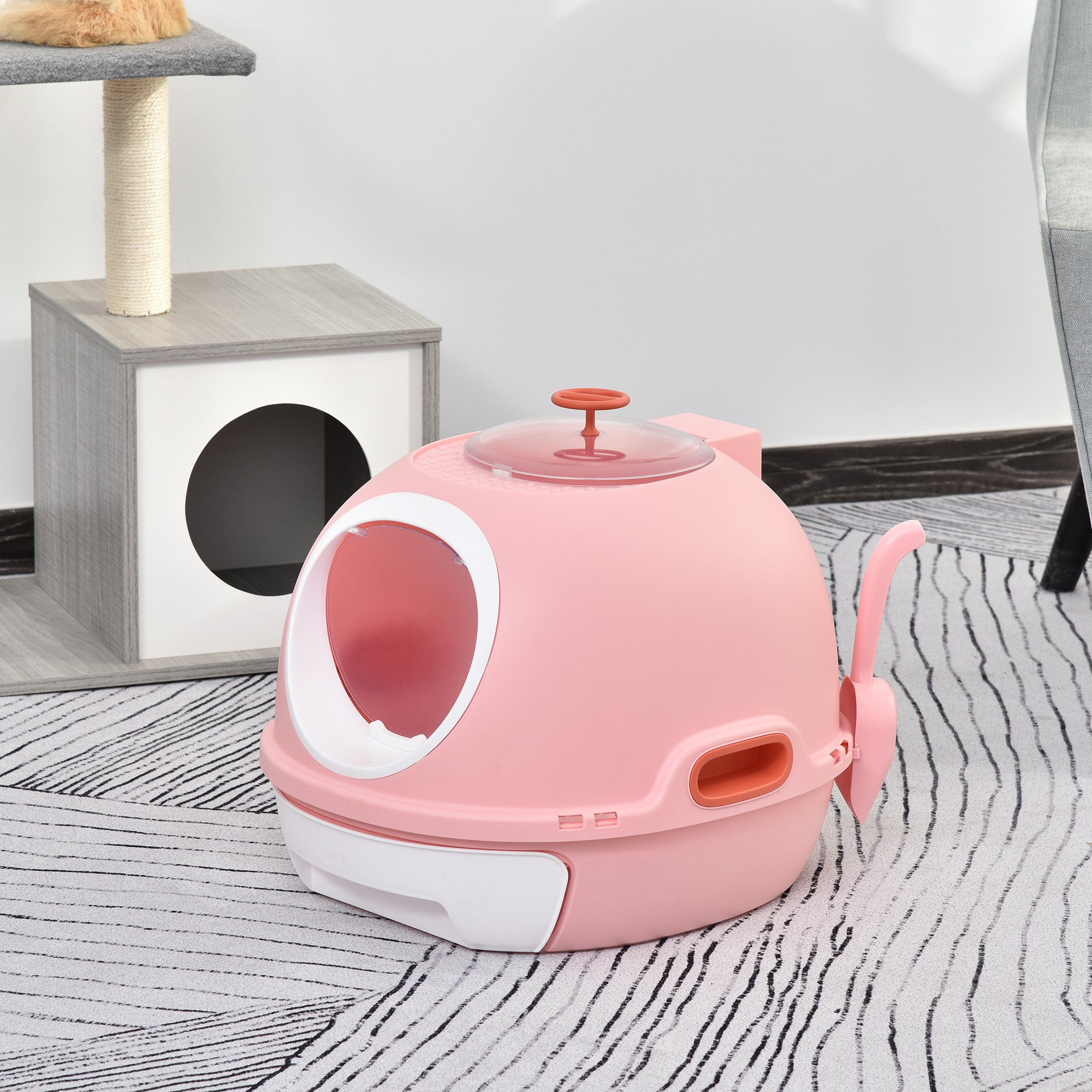 PawHut Covered Cat Litter Box, Kitty Litter Box with a Lid, Scoop Enclosed Drawer & Skylight for Cats, Easy to Clean, Pink
