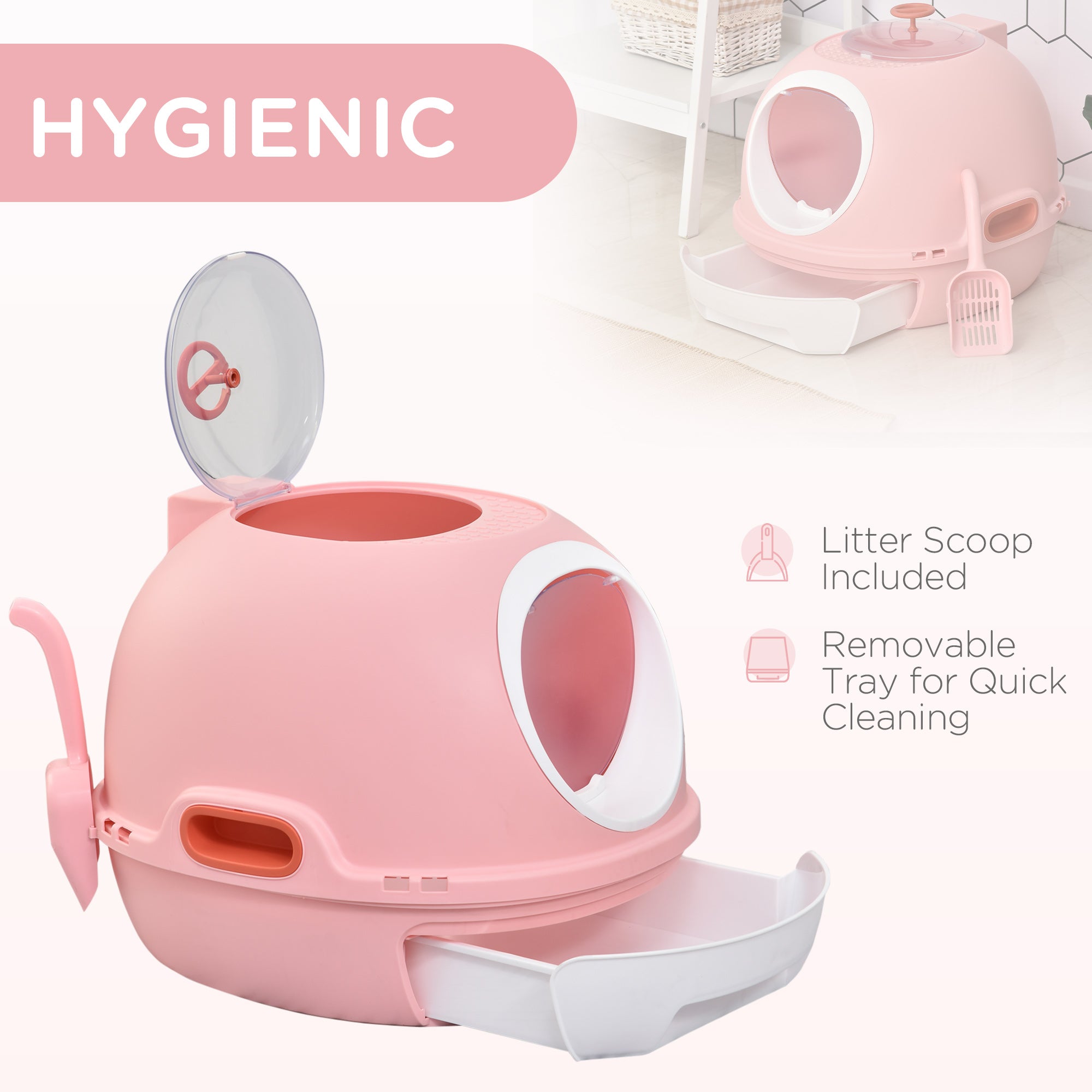 PawHut Covered Cat Litter Box, Kitty Litter Box with a Lid, Scoop Enclosed Drawer & Skylight for Cats, Easy to Clean, Pink