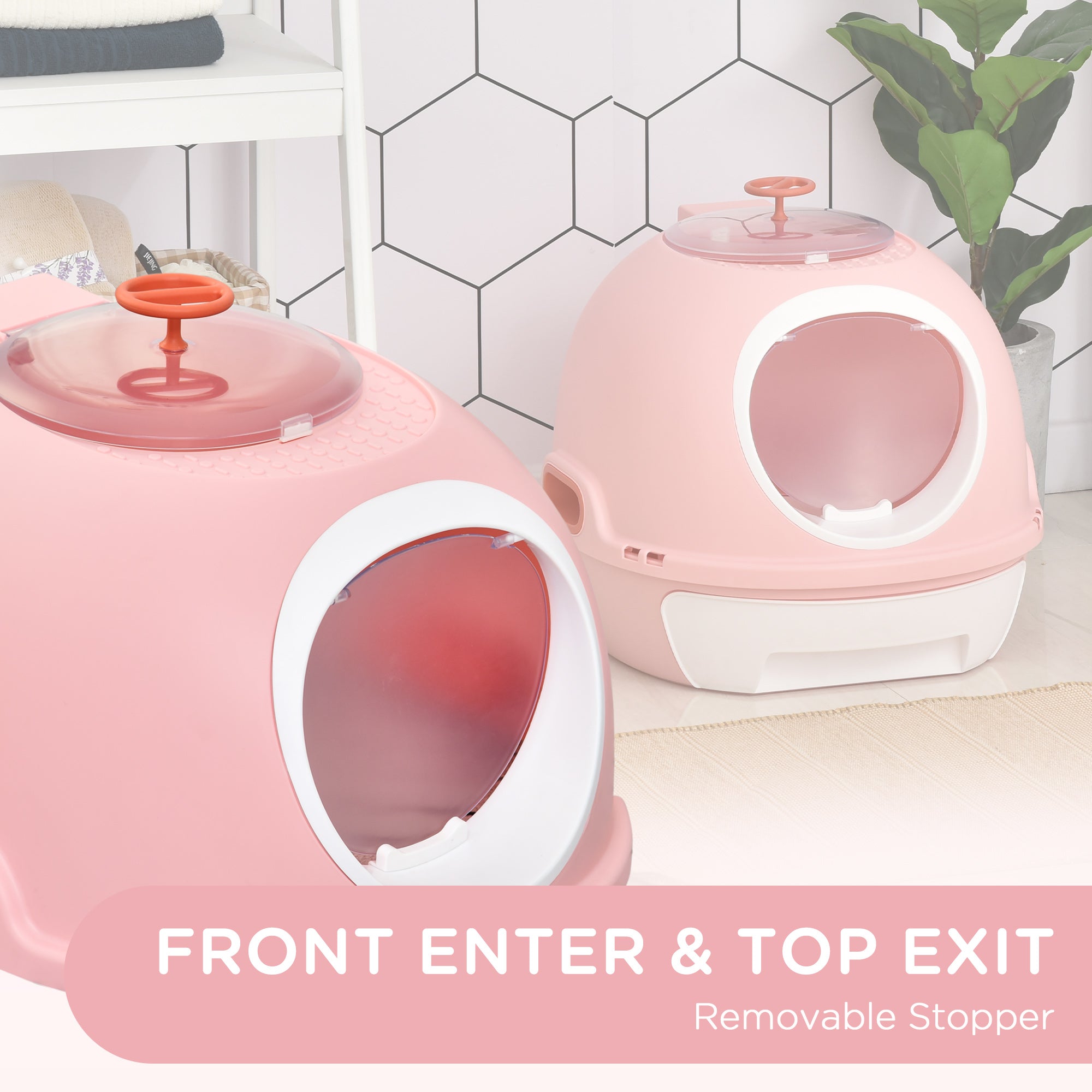 PawHut Covered Cat Litter Box, Kitty Litter Box with a Lid, Scoop Enclosed Drawer & Skylight for Cats, Easy to Clean, Pink