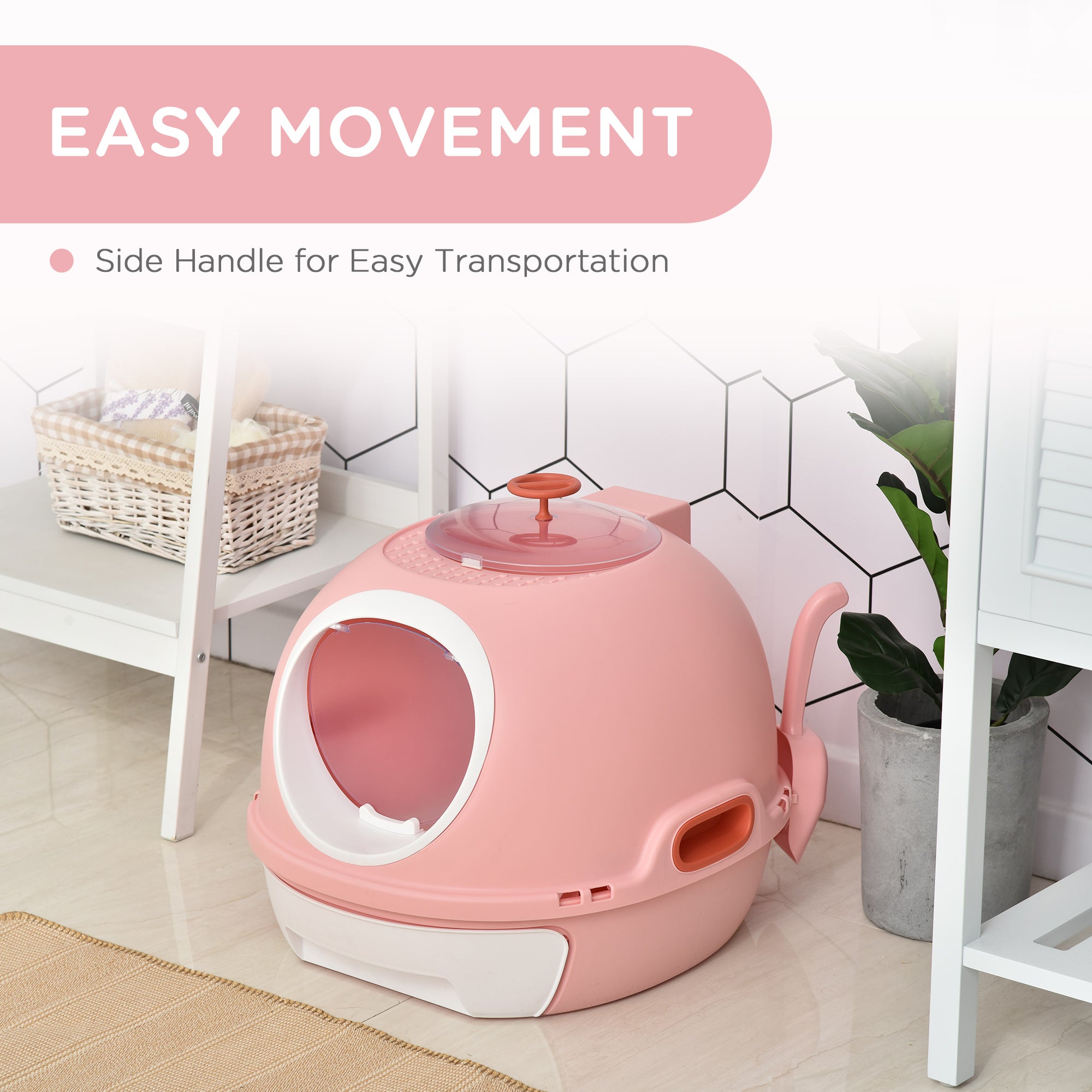 PawHut Covered Cat Litter Box, Kitty Litter Box with a Lid, Scoop Enclosed Drawer & Skylight for Cats, Easy to Clean, Pink