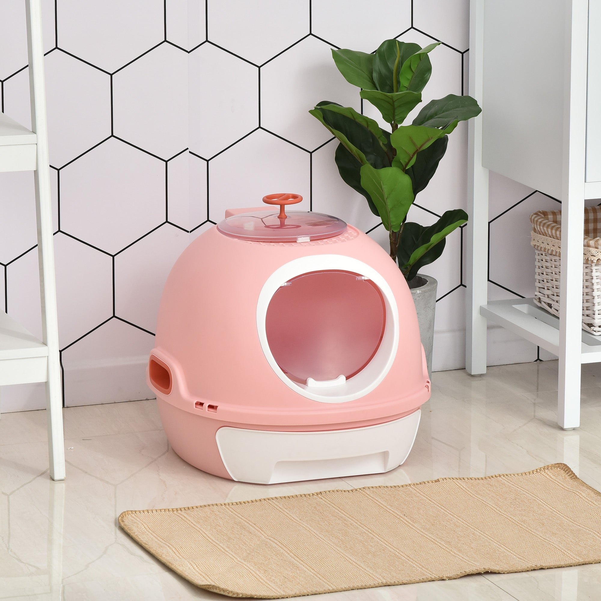 PawHut Covered Cat Litter Box, Kitty Litter Box with a Lid, Scoop Enclosed Drawer & Skylight for Cats, Easy to Clean, Pink