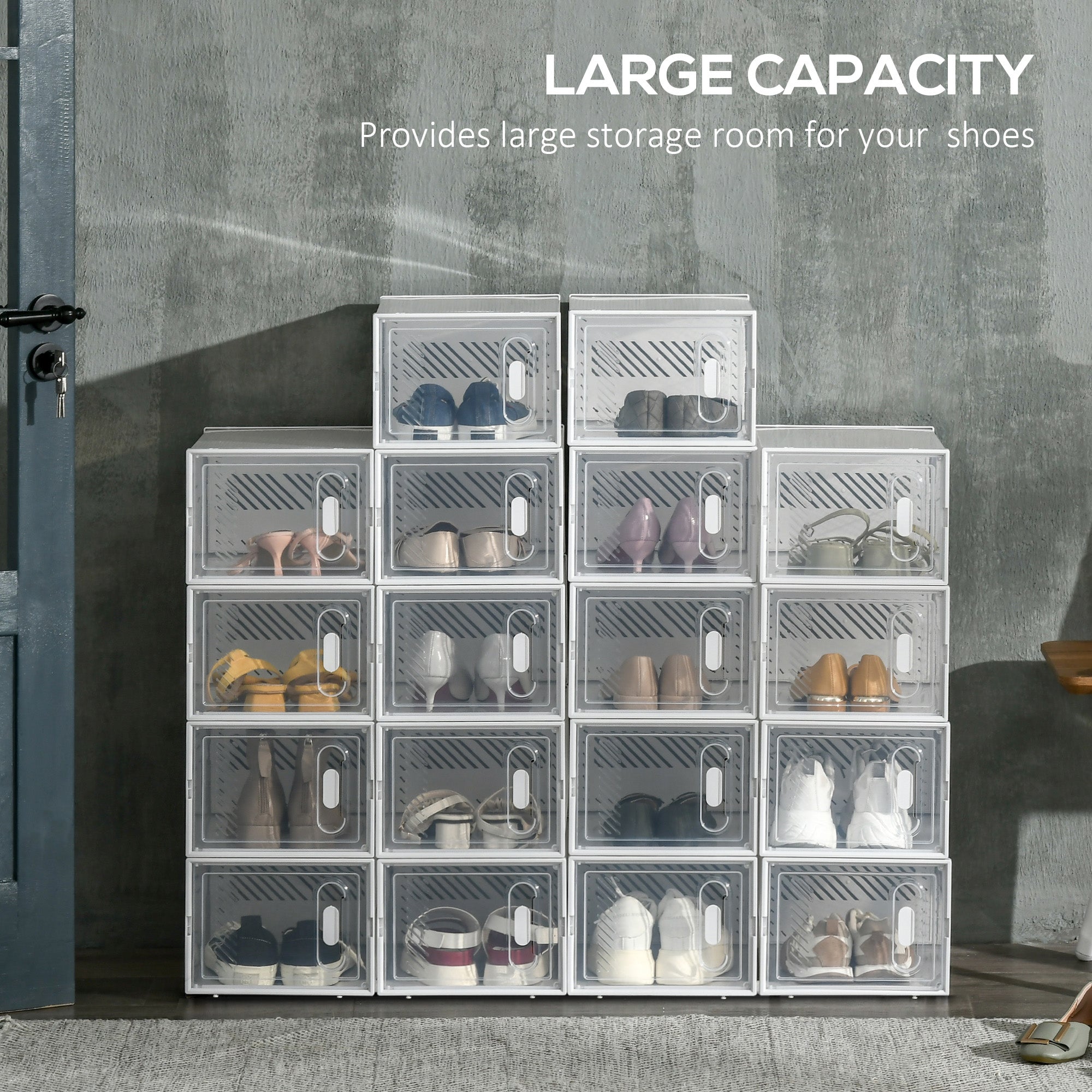 HOMCOM 18 Pack Shoe Storage Box, Space-saving Shoe Organizer, Clear Plastic Stackable Shoe Holder Containers with Front Opening