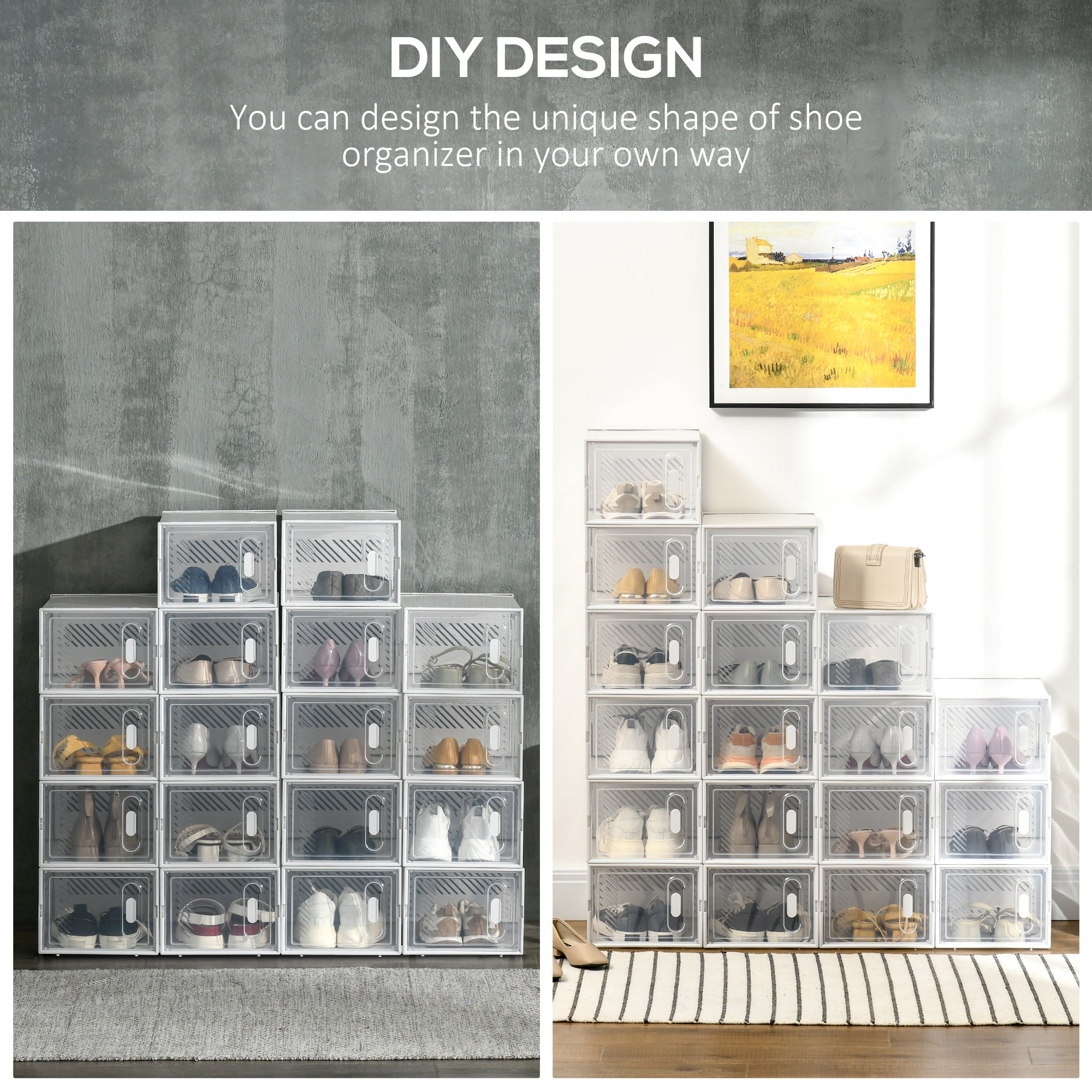 HOMCOM 18 Pack Shoe Storage Box, Space-saving Shoe Organizer, Clear Plastic Stackable Shoe Holder Containers with Front Opening