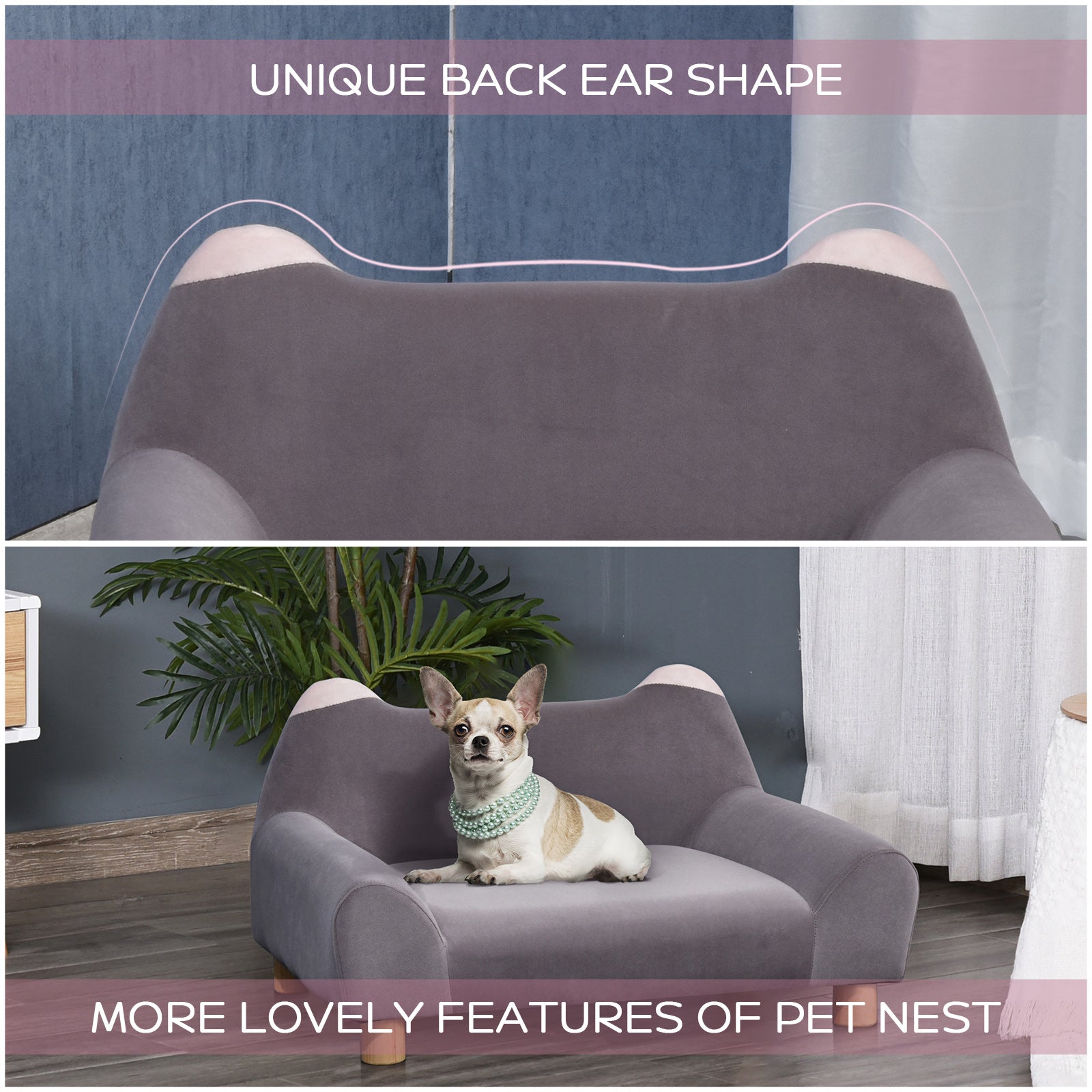 PawHut Dog Sofa Couch, Velvet-Touch Pet Bed, Cat Lounger w/ Sponge Padded Four Wooden Legs for Mini Dogs