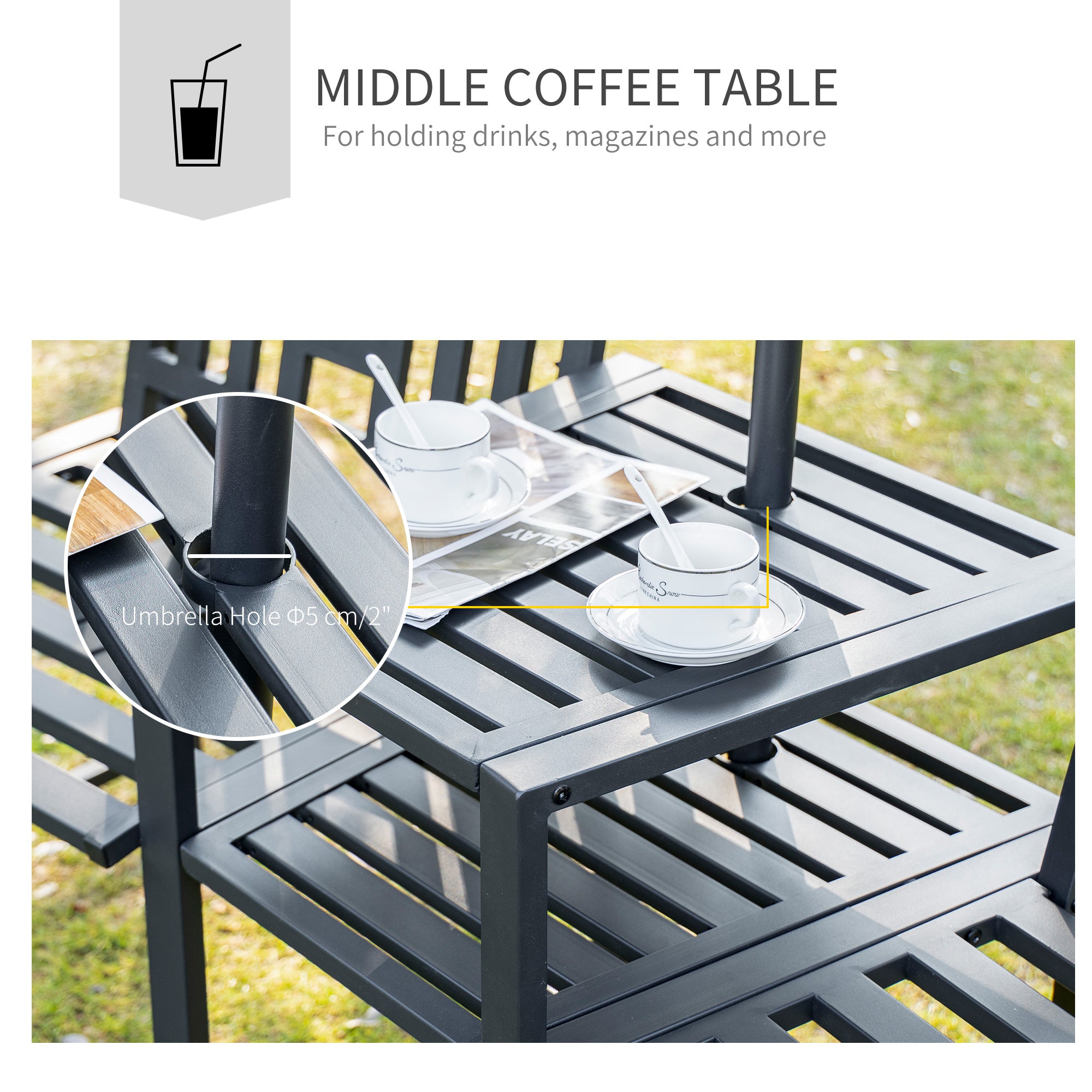 Outsunny Metal Outdoor Bench, 2-Seater Garden Bench with Middle Table and Umbrella Hole, Patio Loveseat with Slatted Seat & Backrest, Black