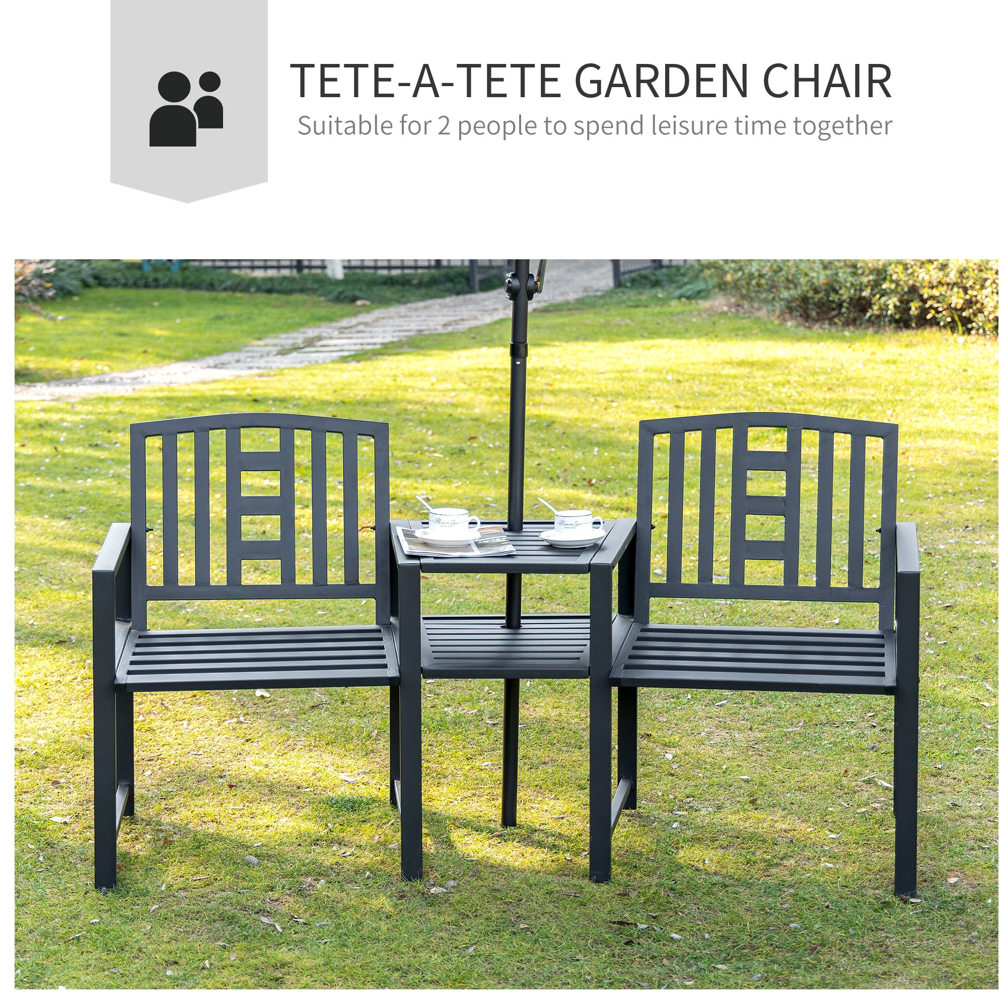 Outsunny Metal Outdoor Bench, 2-Seater Garden Bench with Middle Table and Umbrella Hole, Patio Loveseat with Slatted Seat & Backrest, Black