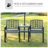 Outsunny Metal Outdoor Bench, 2-Seater Garden Bench with Middle Table and Umbrella Hole, Patio Loveseat with Slatted Seat & Backrest, Black