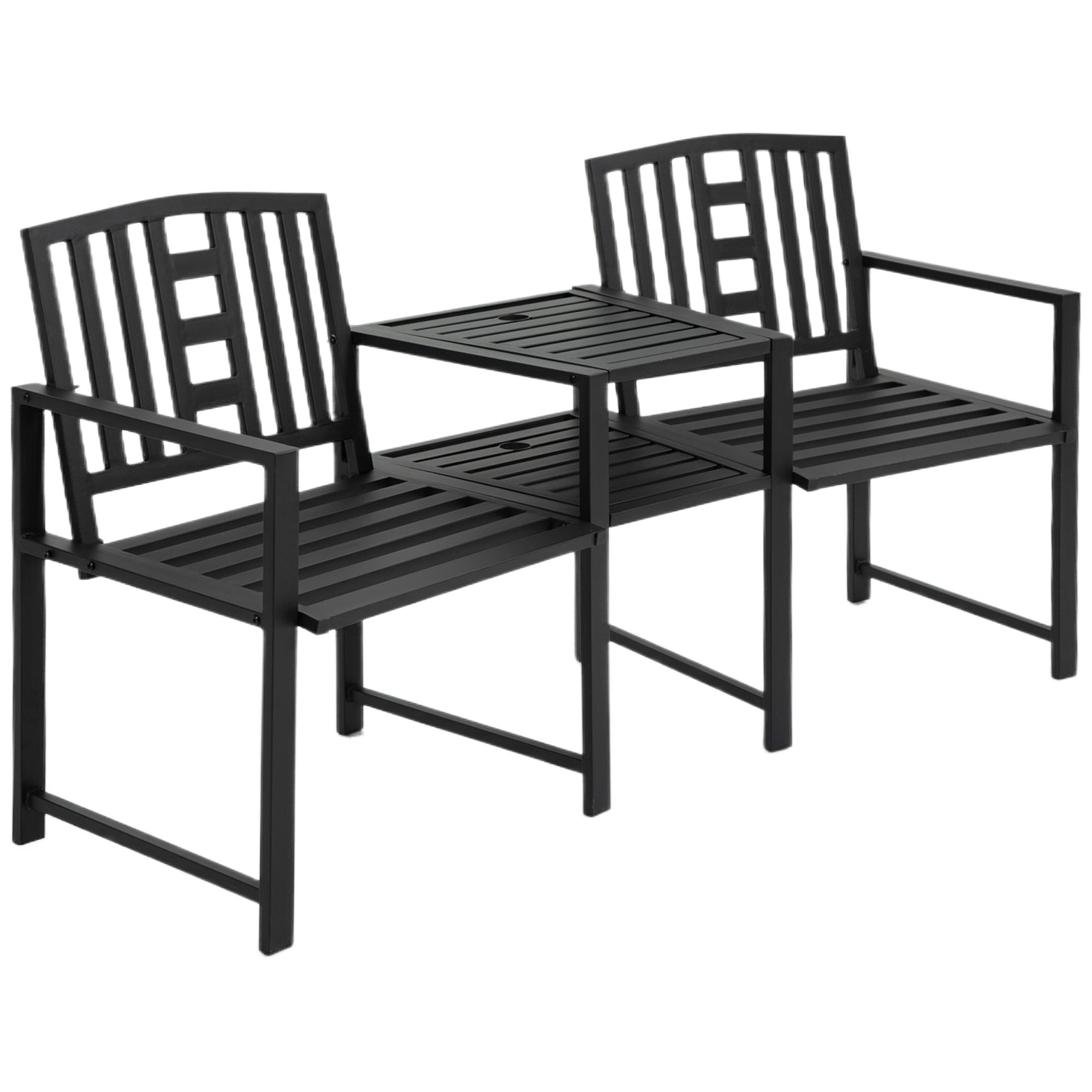 Outsunny Metal Outdoor Bench, 2-Seater Garden Bench with Middle Table and Umbrella Hole, Patio Loveseat with Slatted Seat & Backrest, Black