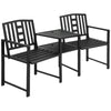 Outsunny Metal Outdoor Bench, 2-Seater Garden Bench with Middle Table and Umbrella Hole, Patio Loveseat with Slatted Seat & Backrest, Black
