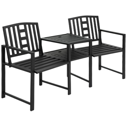 Outsunny Metal Outdoor Bench, 2-Seater Garden Bench with Middle Table and Umbrella Hole, Patio Loveseat with Slatted Seat & Backrest, Black
