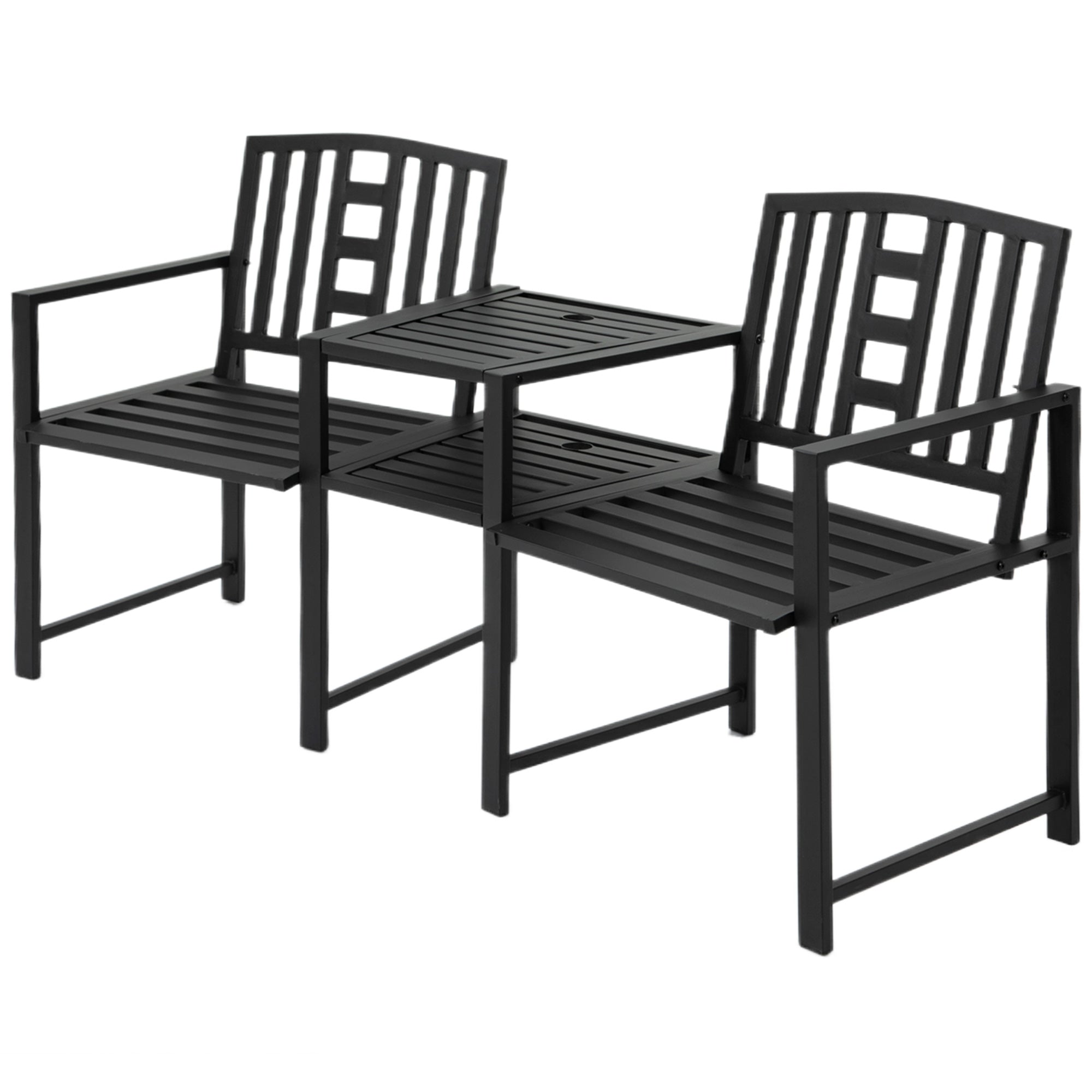 Outsunny Metal Outdoor Bench, 2-Seater Garden Bench with Middle Table and Umbrella Hole, Patio Loveseat with Slatted Seat & Backrest, Black