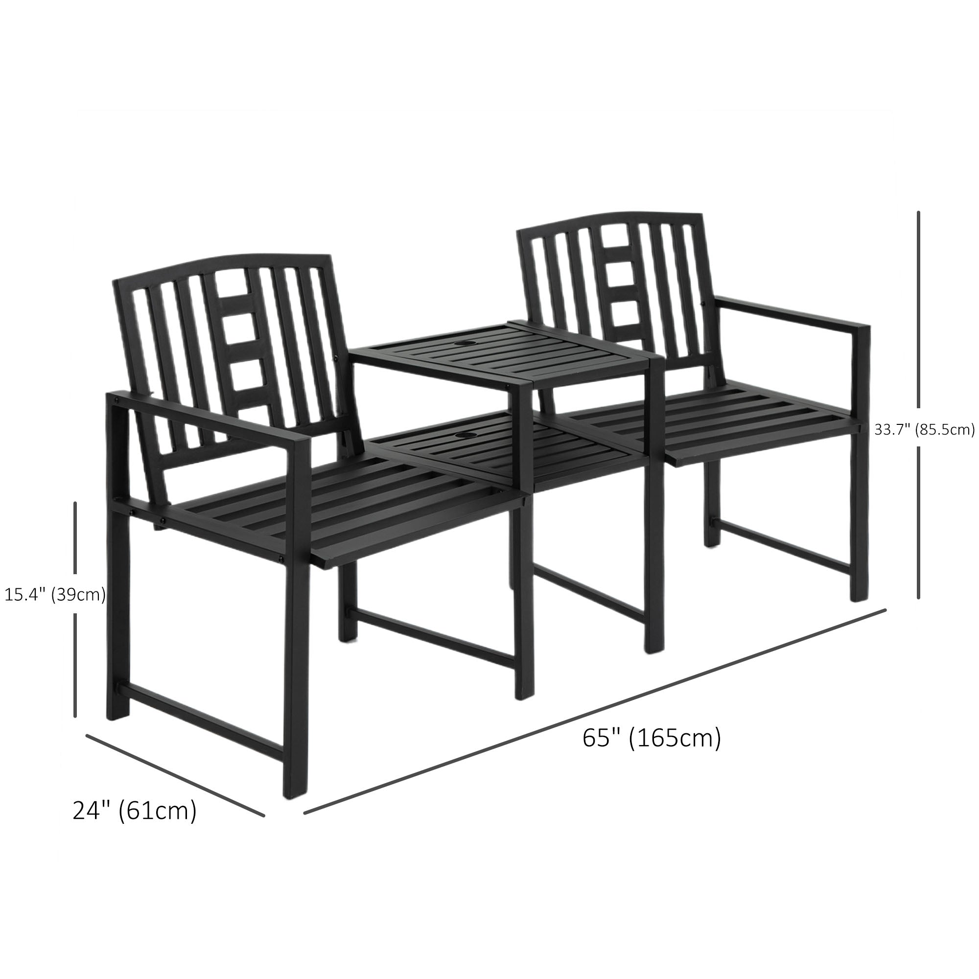 Outsunny Metal Outdoor Bench, 2-Seater Garden Bench with Middle Table and Umbrella Hole, Patio Loveseat with Slatted Seat & Backrest, Black