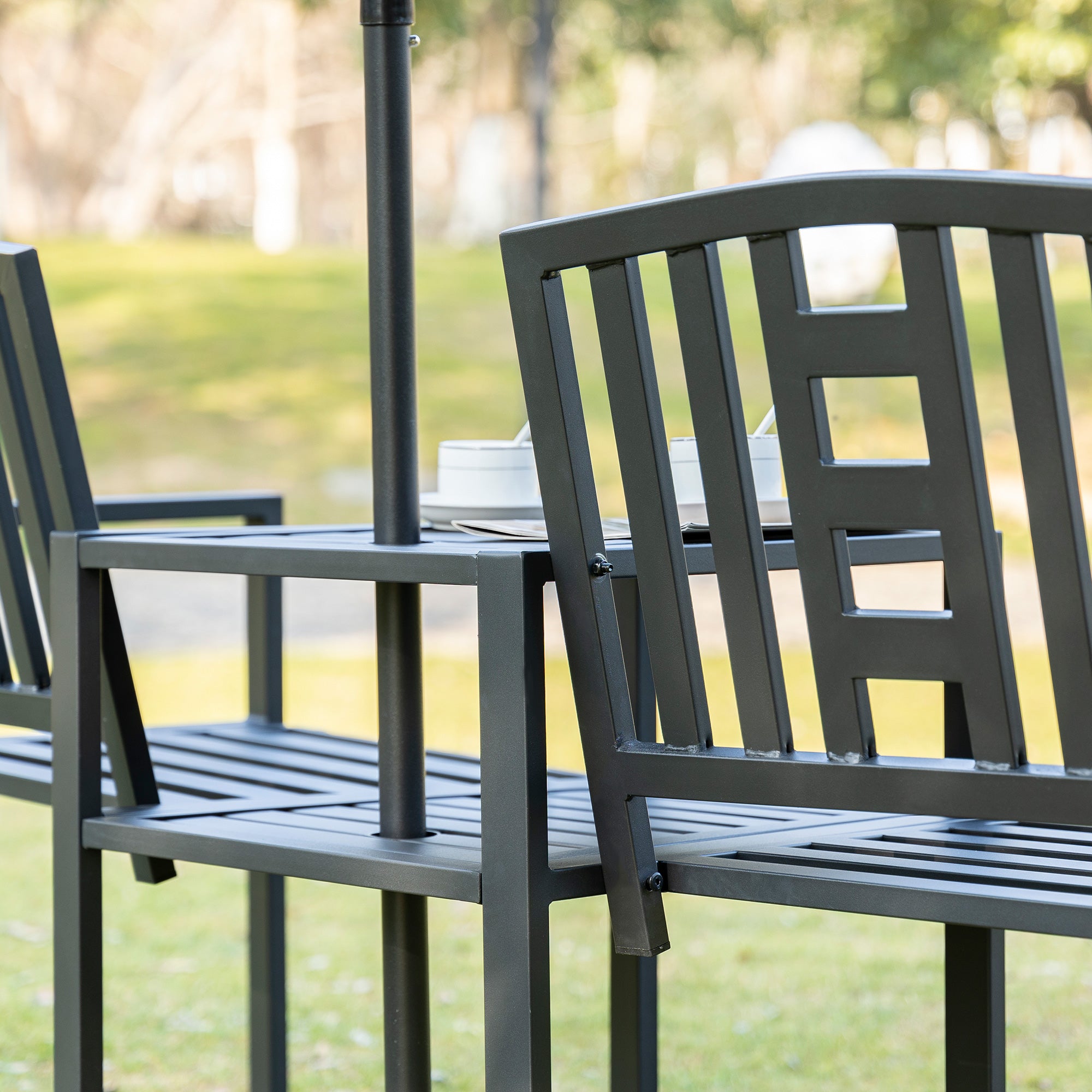 Outsunny Metal Outdoor Bench, 2-Seater Garden Bench with Middle Table and Umbrella Hole, Patio Loveseat with Slatted Seat & Backrest, Black